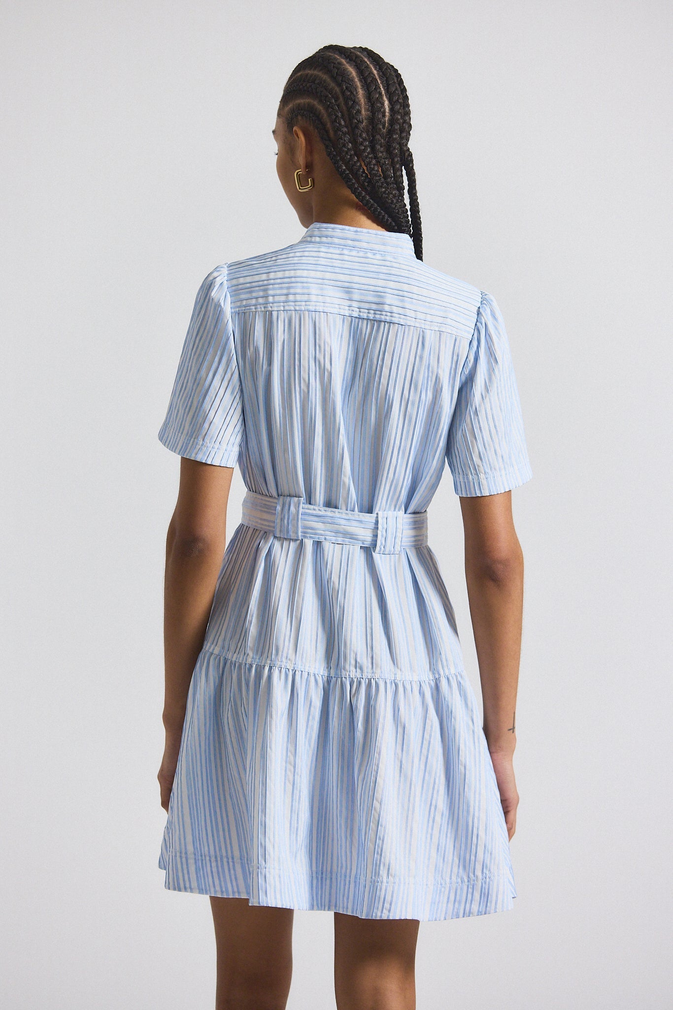 Clynton Pintuck Stripe Shirting Short Sleeve Dress - Celestine-White