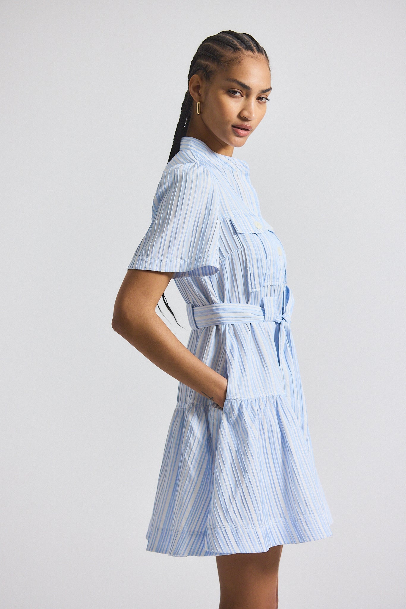 Clynton Pintuck Stripe Shirting Short Sleeve Dress - Celestine-White