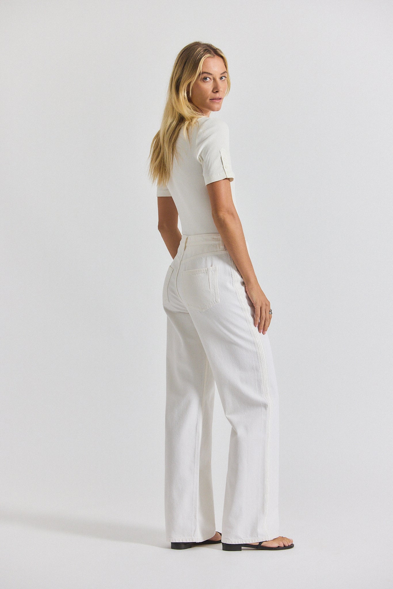 Dunn Denim Wide Leg Jean With Crochet Trim - Ecru