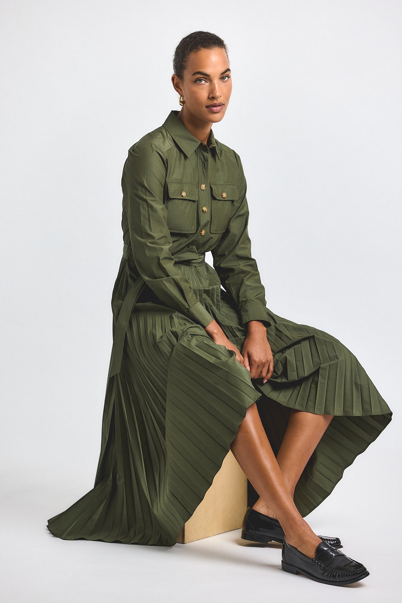 Kenza Cotton Poly Poplin Pleated Shirt Dress - Fatigue
