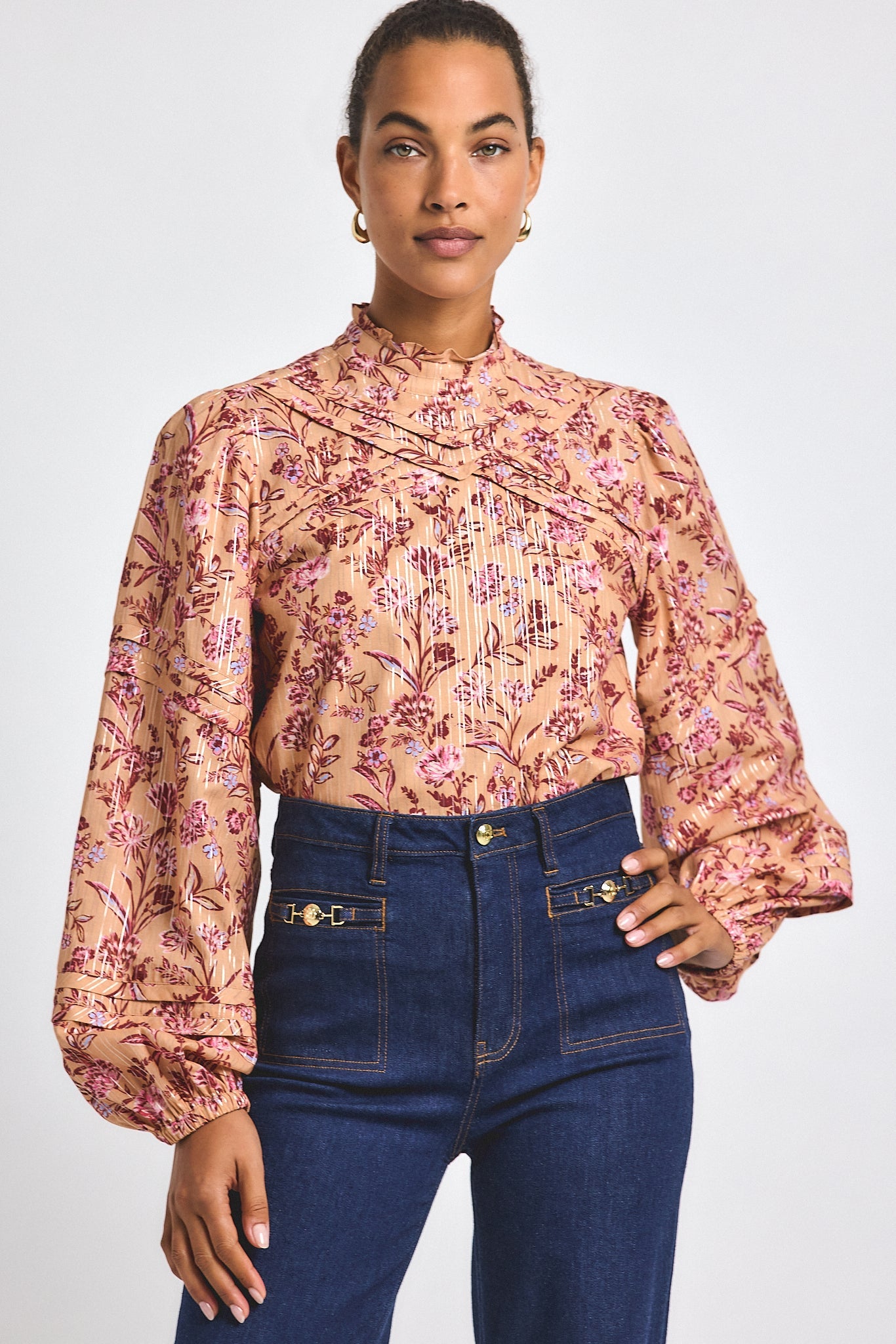 Marlowe Lurex Stripe Printed Voile Long Sleeve Blouse - Camel Multi