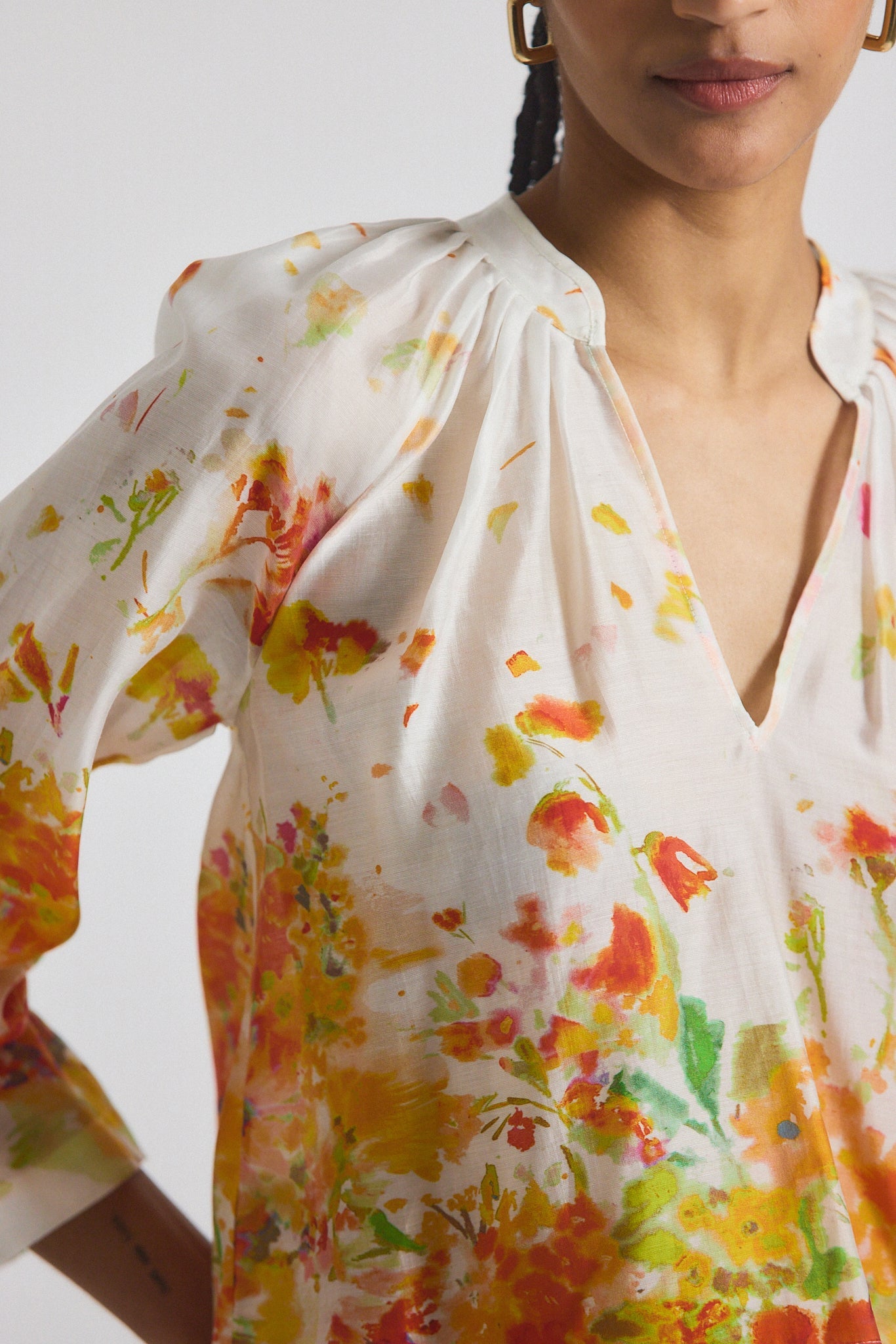 Milon Organza V-Neck Blouse - White-Papaya Multi