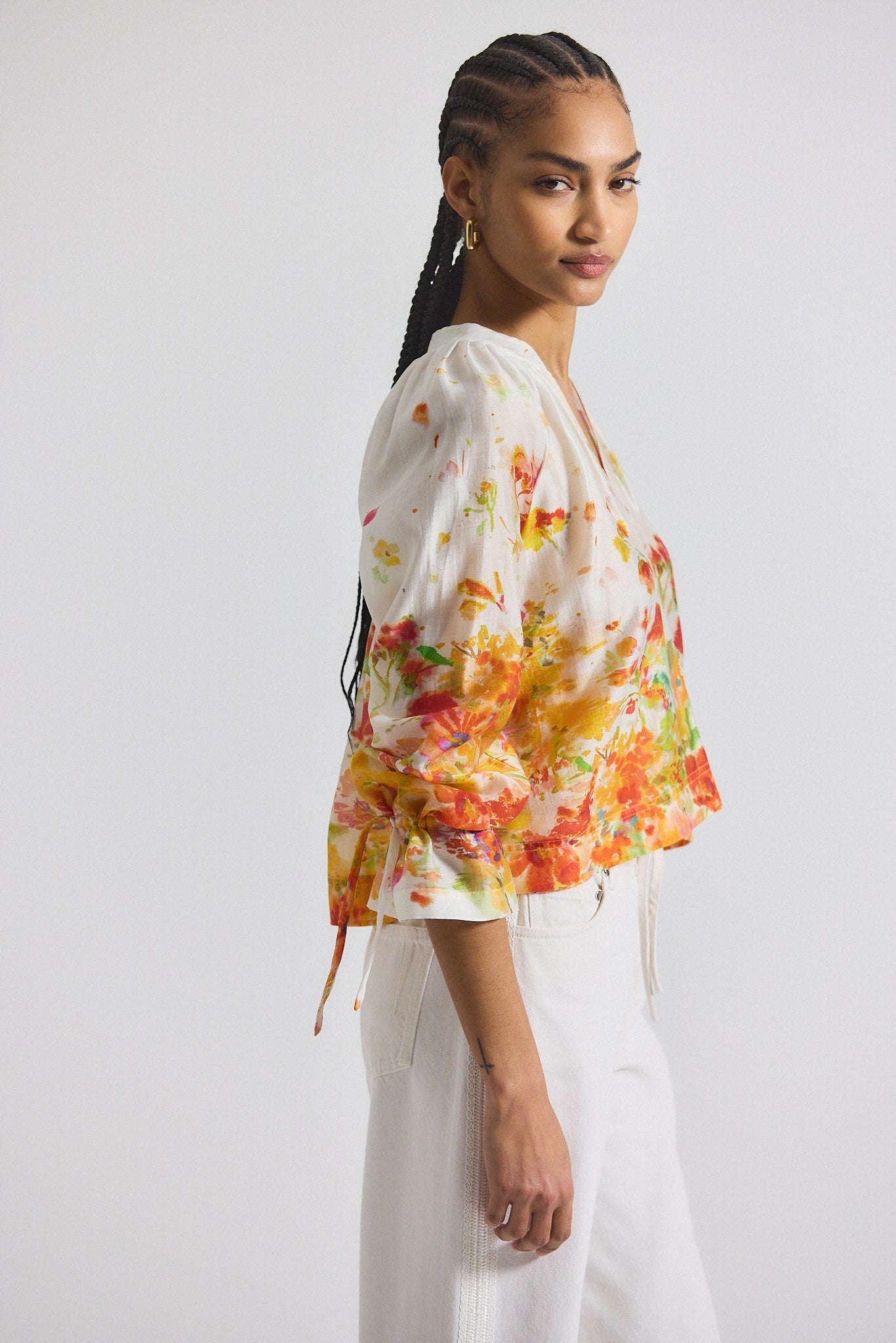 Milon Organza V-Neck Blouse - White-Papaya Multi