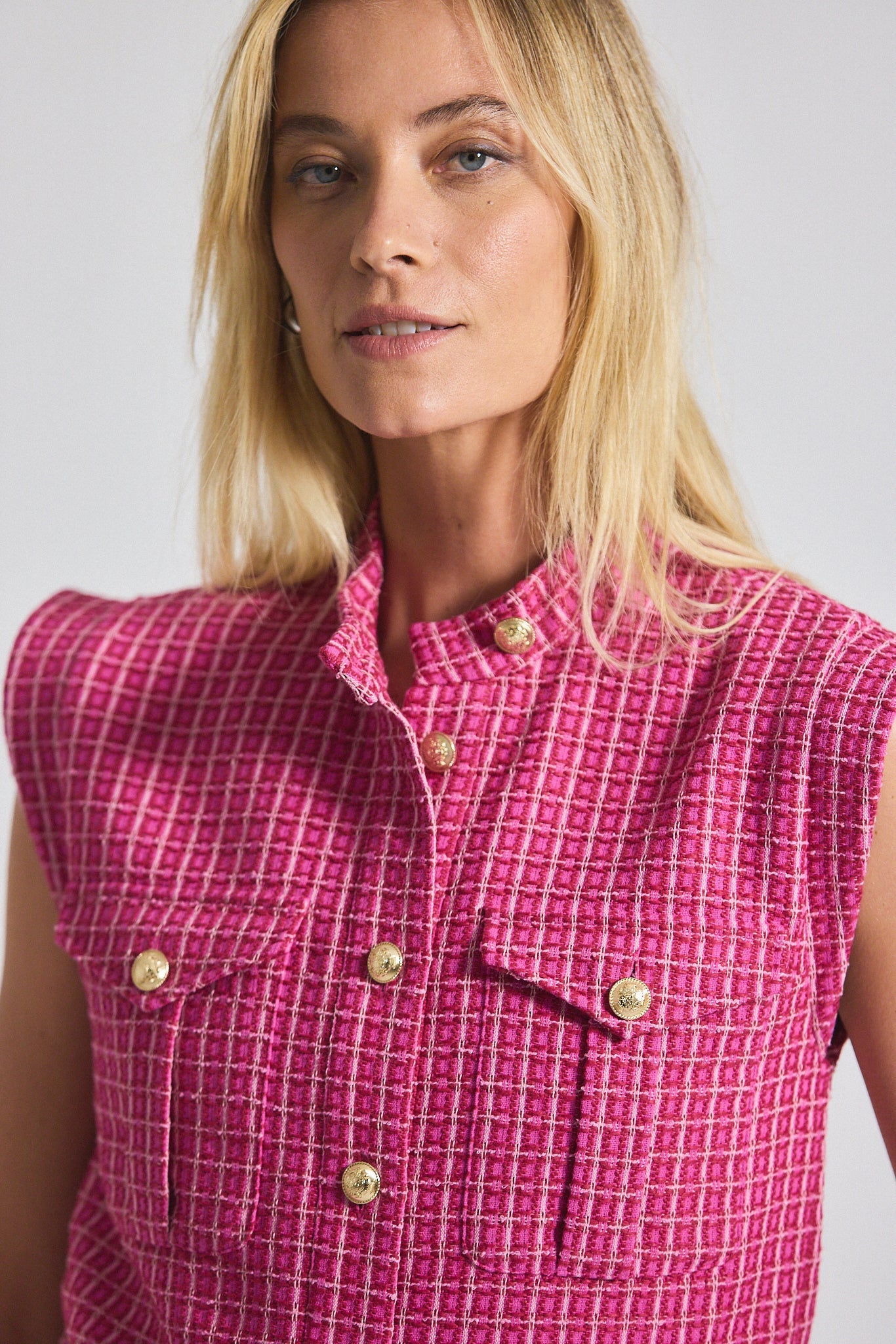 Namira Cotton Tweed Sleeveless Jacket - Raspberry-White