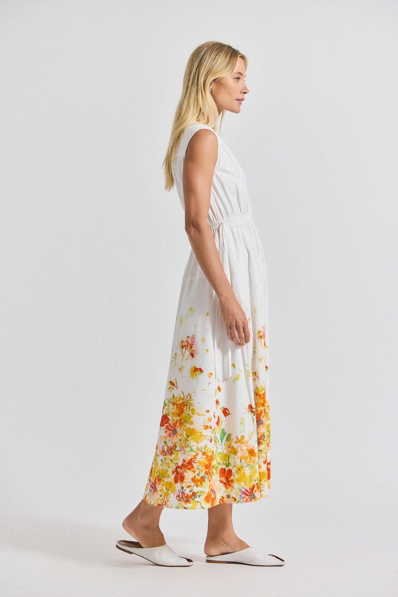 Nara Border Print Cotton Poplin Cinch Waist Maxi Dress - White-Papaya Multi