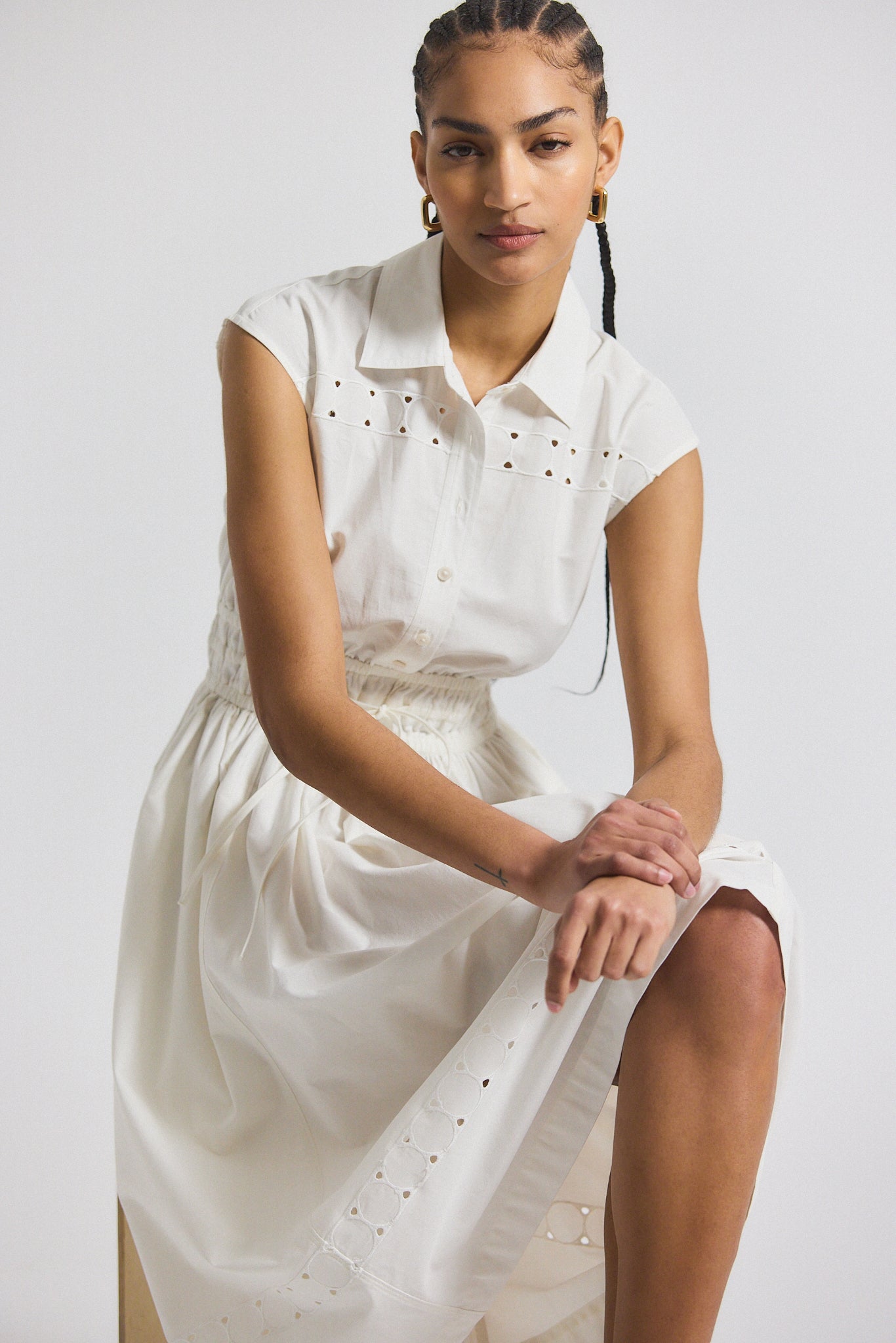 Nikita Poplin Embroidered Eyelet Cinch Waist Shirtdress - White