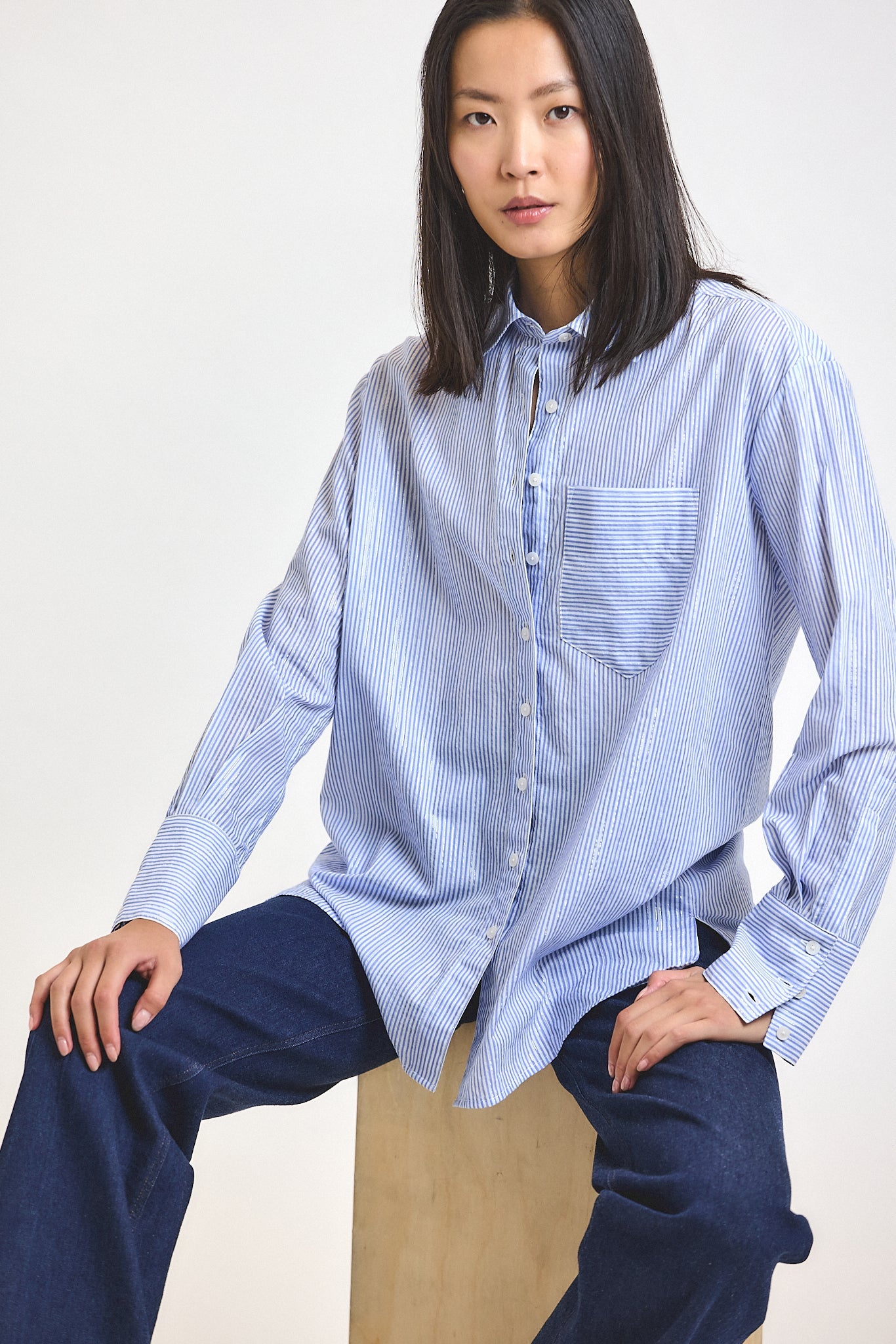Orianne Lurex Stripe Voile Long Sleeve Button Front Shirt - Blue Multi