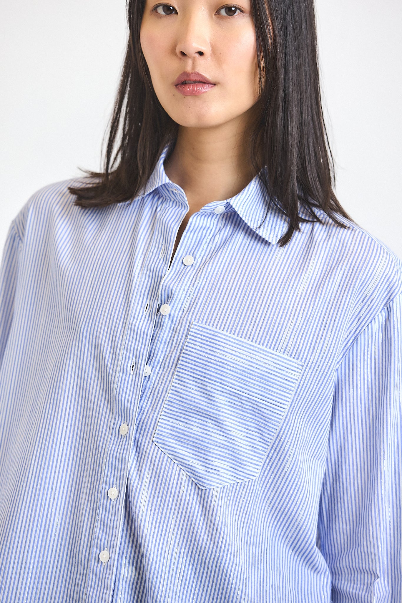 Orianne Lurex Stripe Voile Long Sleeve Button Front Shirt - Blue Multi