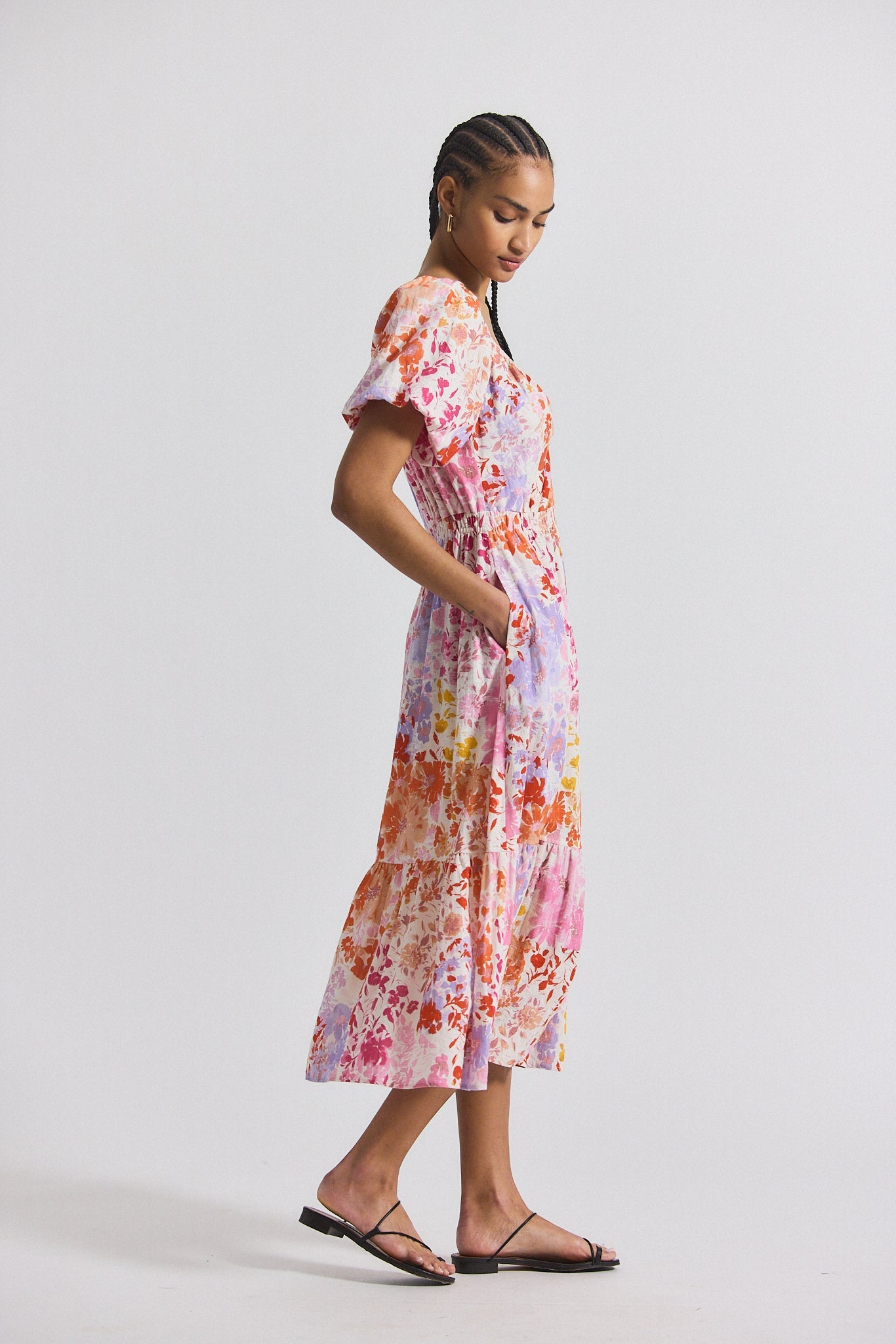 Laine Floral Printed Stretch Linen Puff Sleeve Maxi Dress - Rose Multi