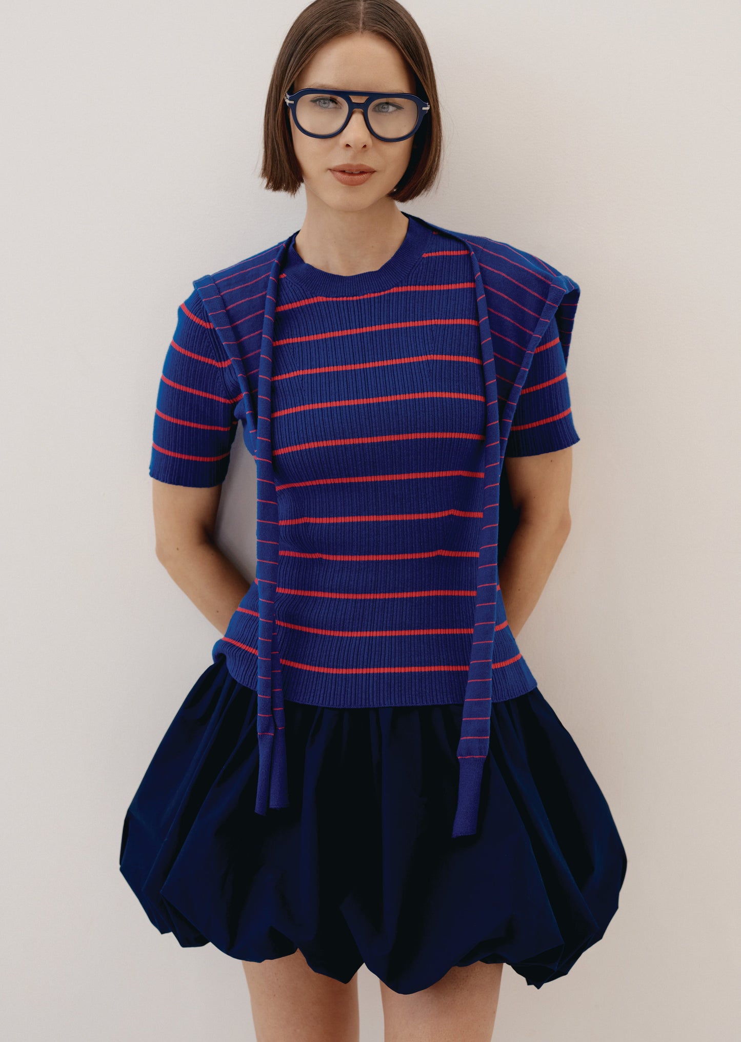 Twain Cotton Cashmere Short Sleeve Pre-Styled Sweater - Navy-Raspberry