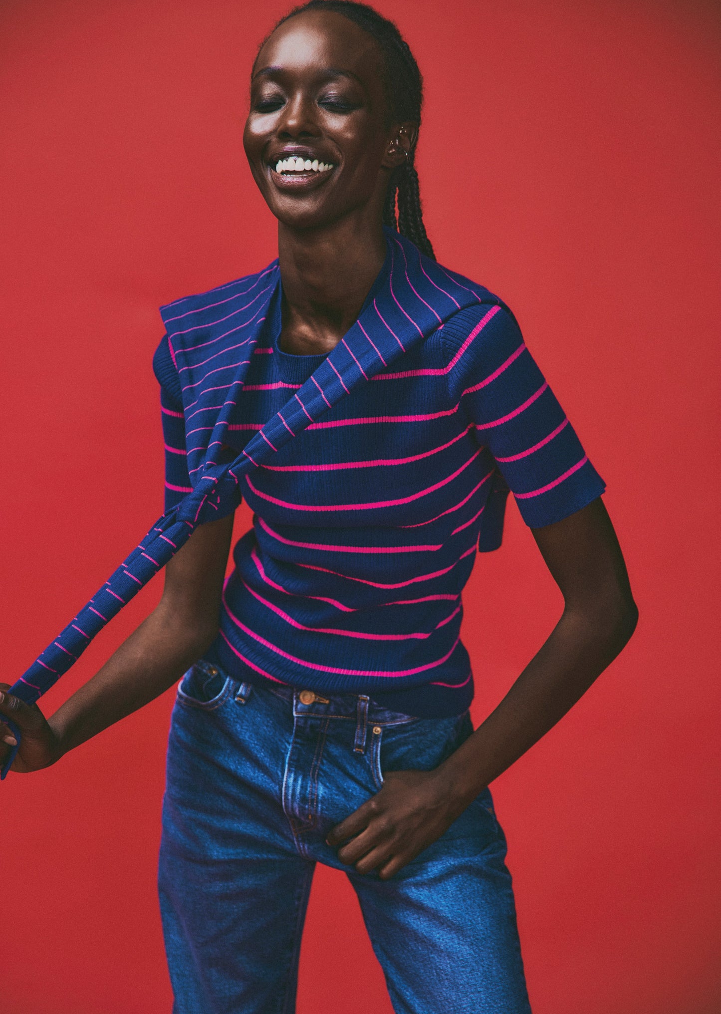 Twain Cotton Cashmere Short Sleeve Pre-Styled Sweater - Navy-Raspberry