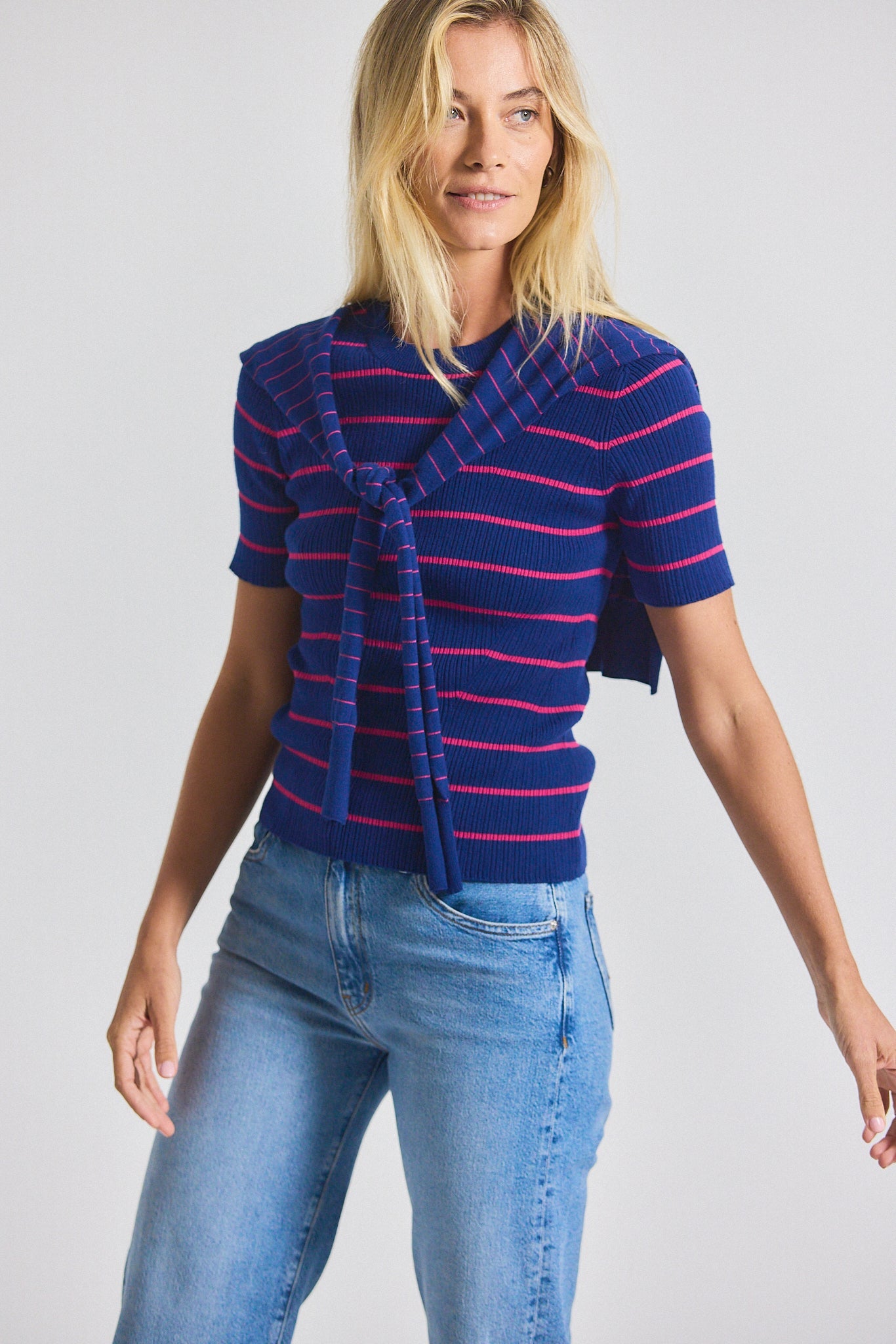 Twain Cotton Cashmere Short Sleeve Pre-Styled Sweater - Navy-Raspberry