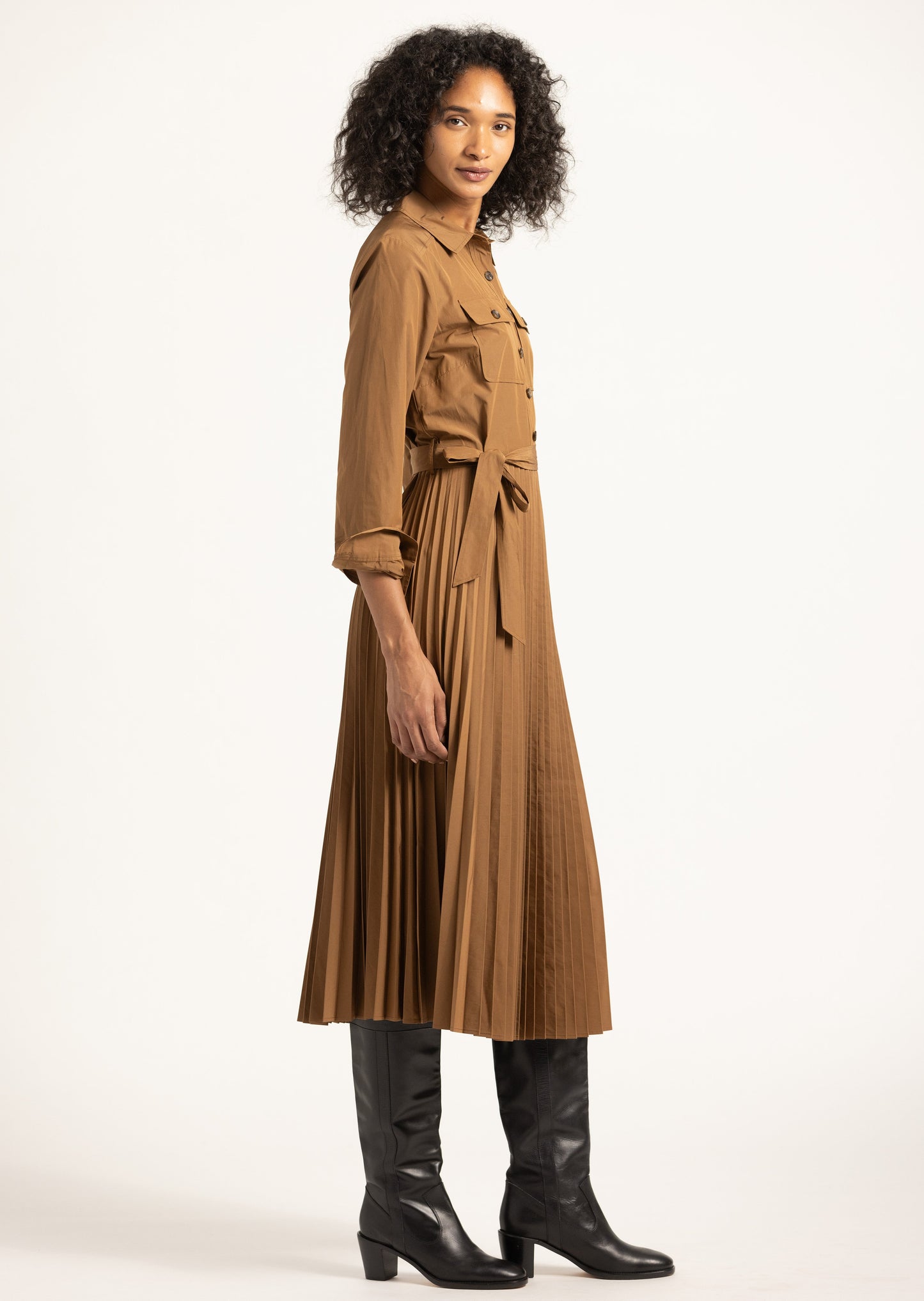 Kenza Pleated Midi Dress - Dark Mocha