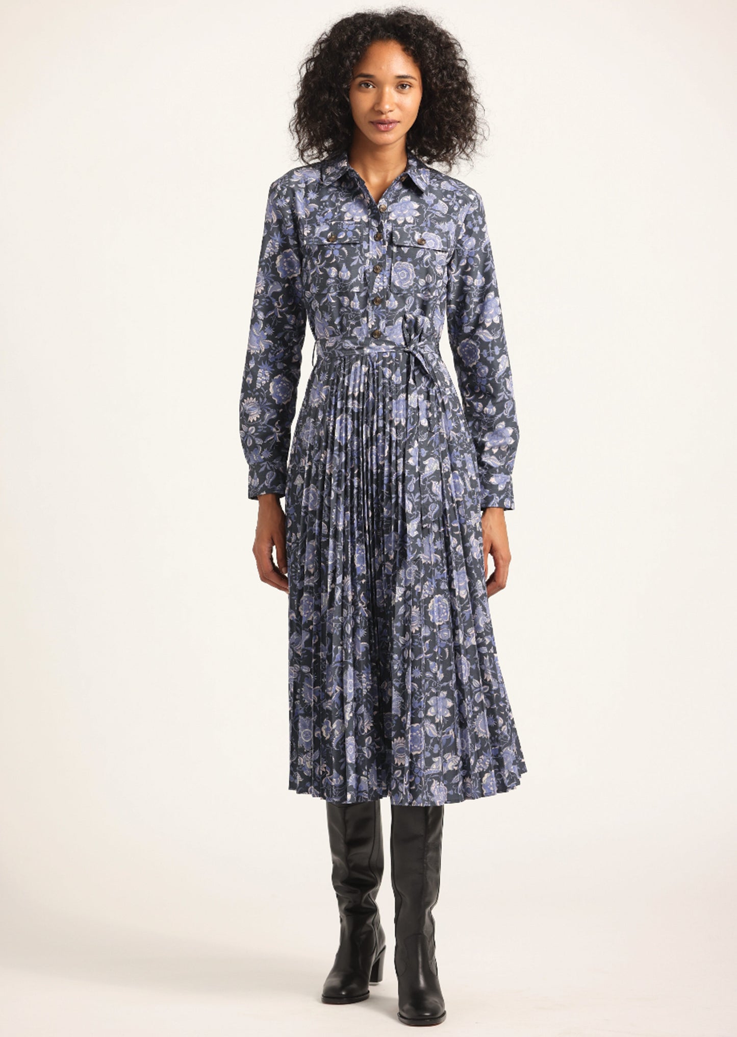 Kenza Pleated Midi Dress - Batik Navy Floral