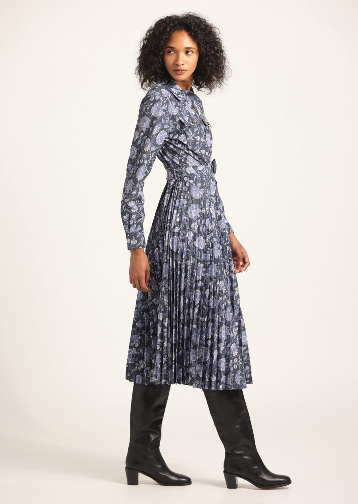 Kenza Pleated Midi Dress - Batik Navy Floral
