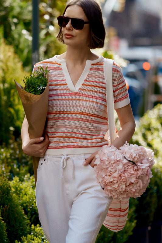 Andy Corded Mesh Split Neck Short Sleeve Sweater - Rose-White