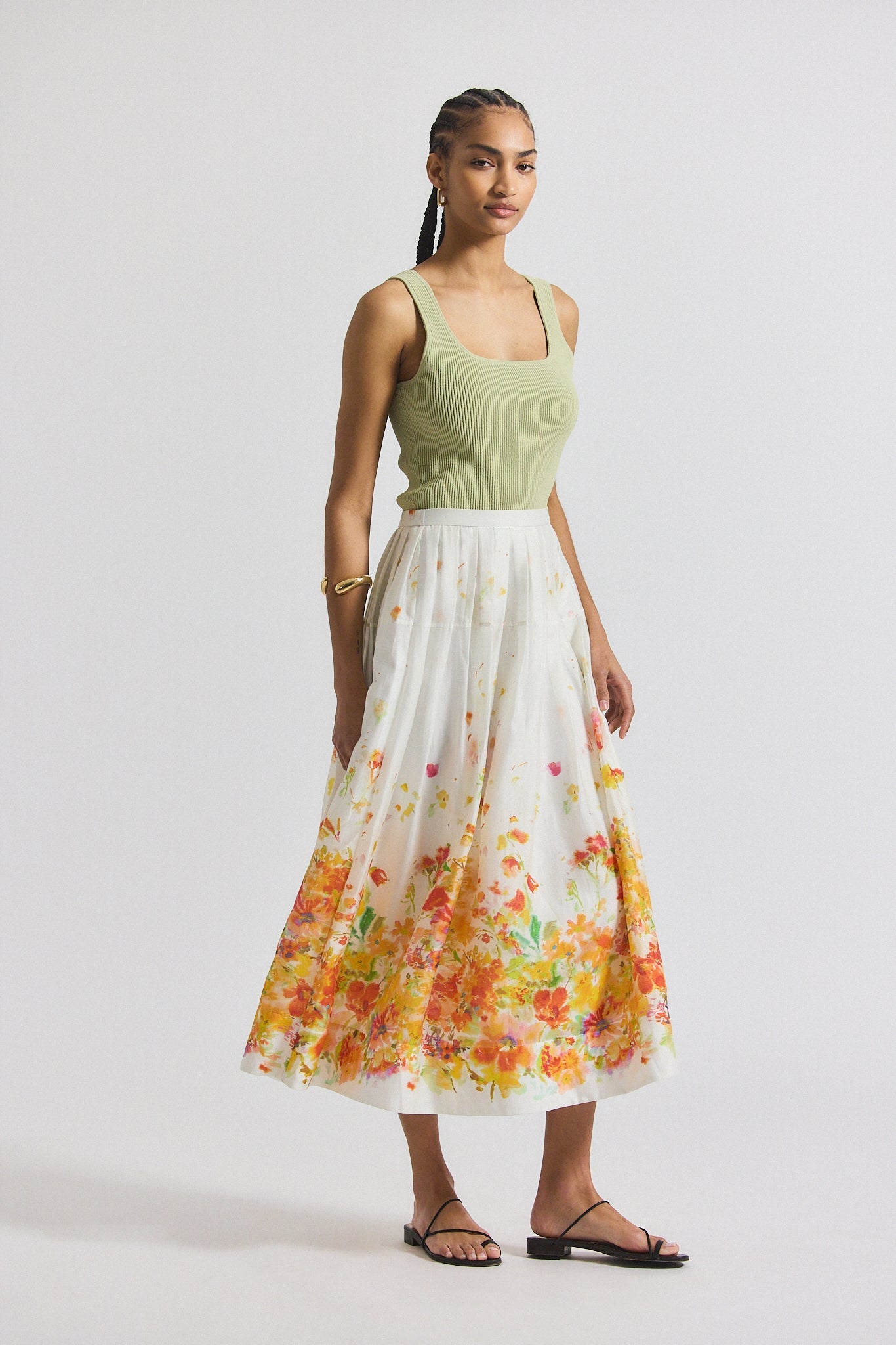 Alexia Organza Pleated Maxi Skirt - White-Papaya Multi