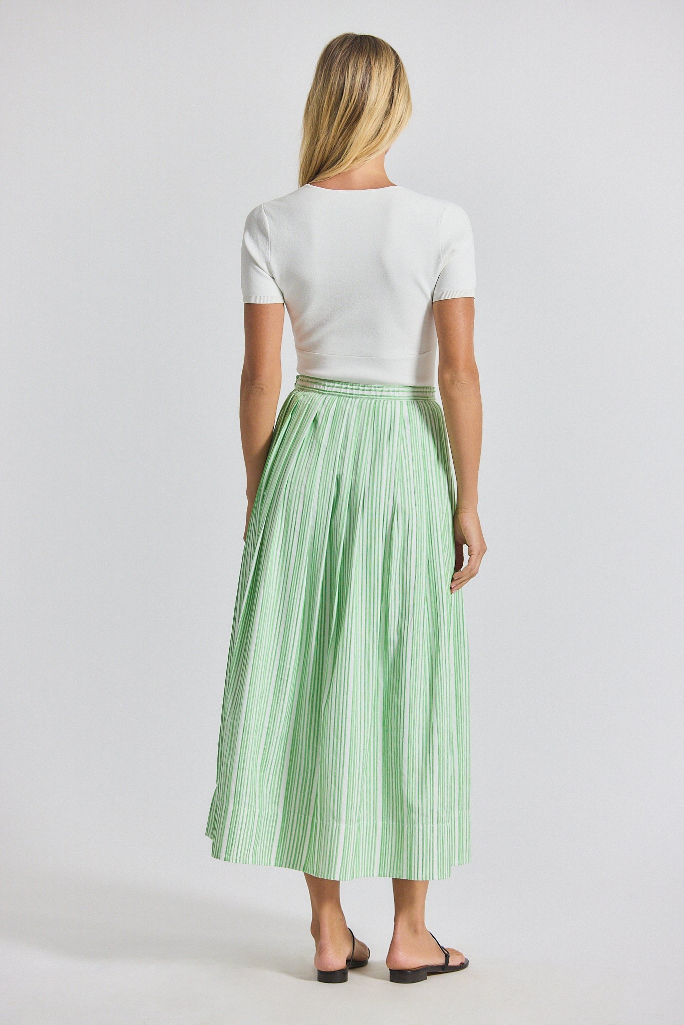 Alexia Pintuck Stripe Shirting Pleated Maxi Skirt - Kelly Green-White