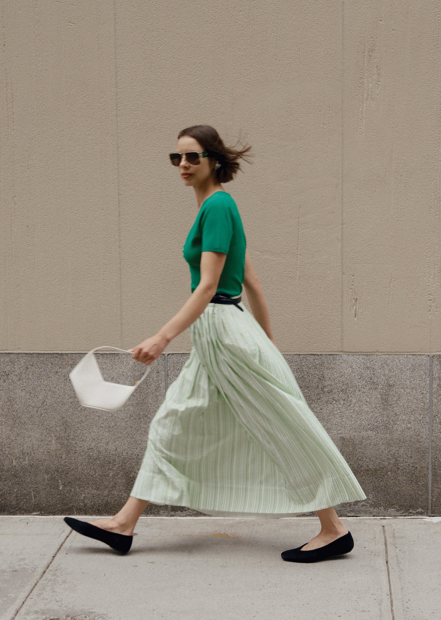 Alexia Pintuck Stripe Shirting Pleated Maxi Skirt - Kelly Green-White