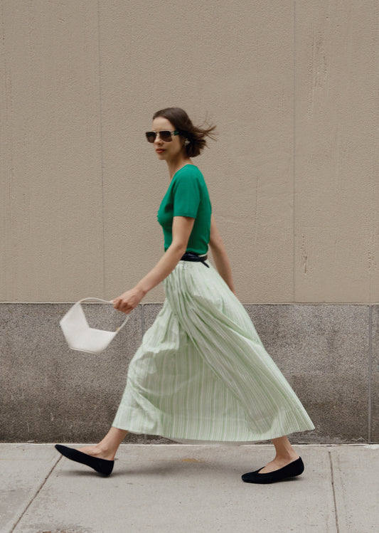 Alexia Pintuck Stripe Shirting Pleated Maxi Skirt - Kelly Green-White