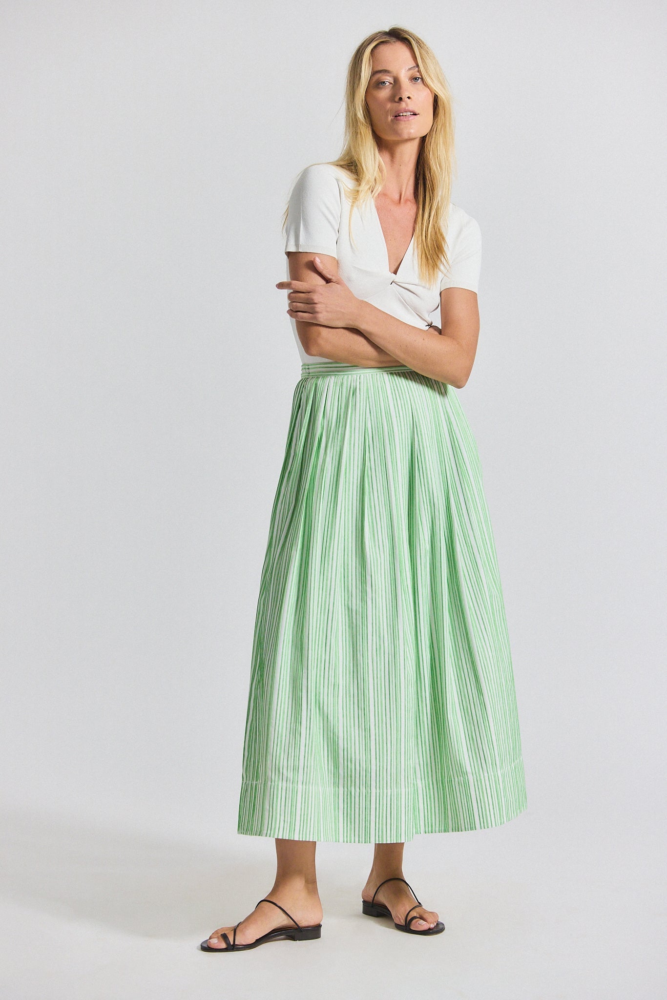 Alexia Pintuck Stripe Shirting Pleated Maxi Skirt - Kelly Green-White