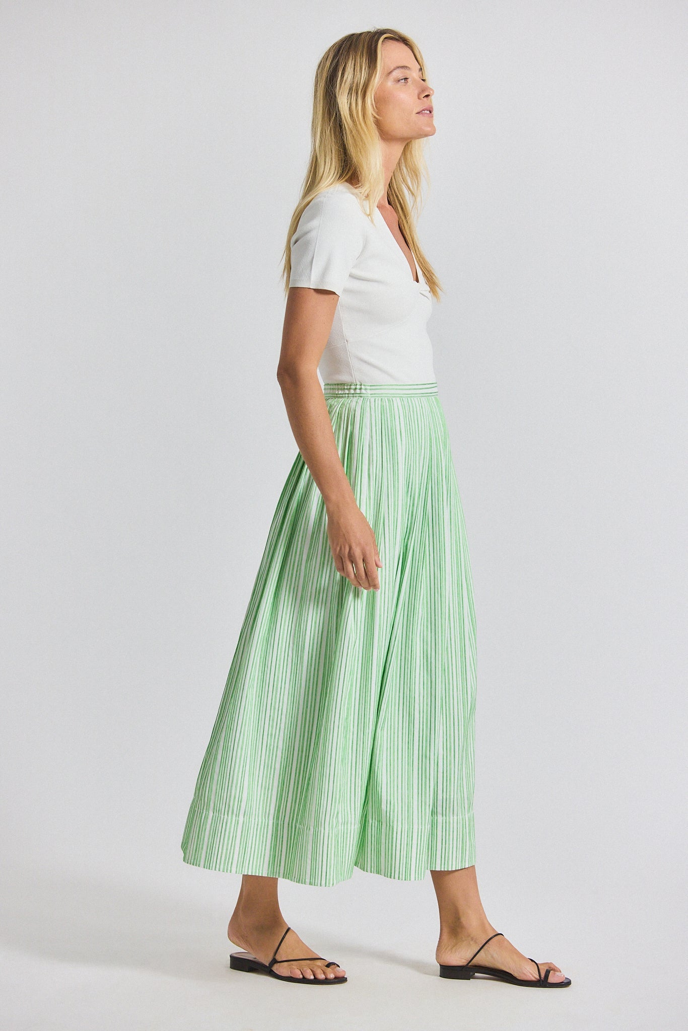 Alexia Pintuck Stripe Shirting Pleated Maxi Skirt - Kelly Green-White