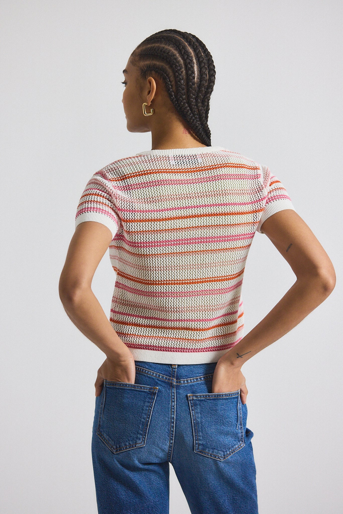 Andy Corded Mesh Split Neck Short Sleeve Sweater - Rose-White