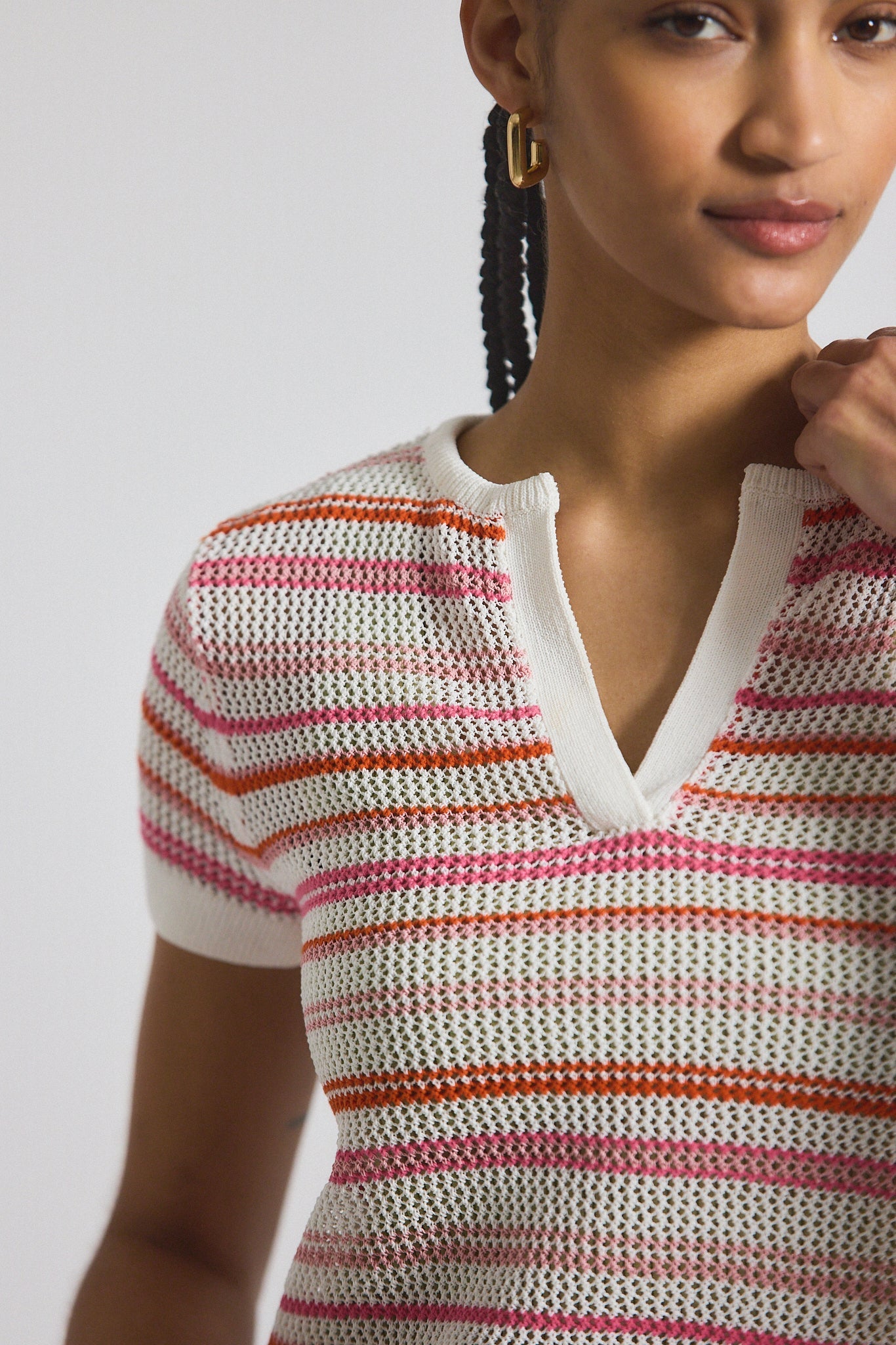 Andy Corded Mesh Split Neck Short Sleeve Sweater - Rose-White