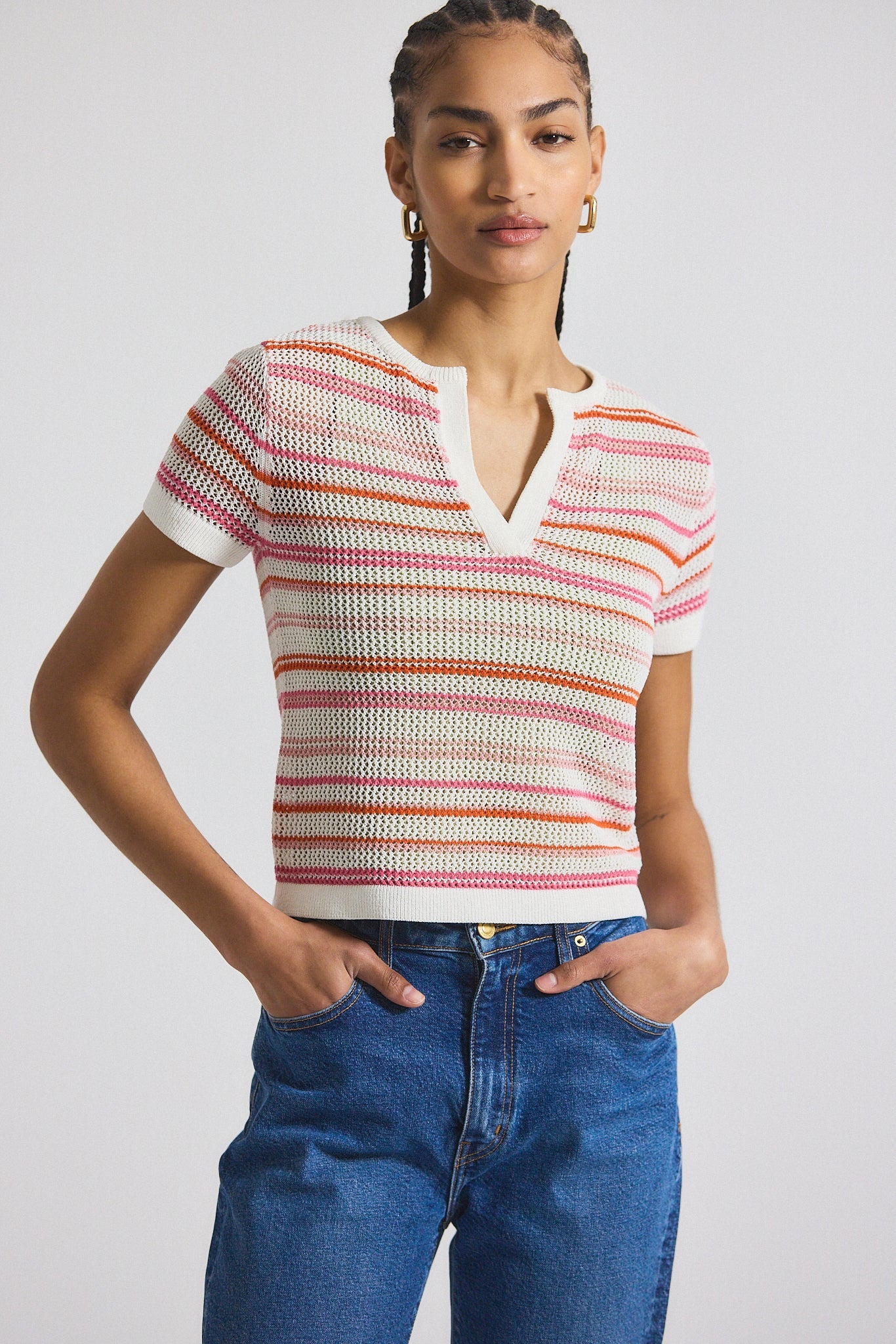 Andy Corded Mesh Split Neck Short Sleeve Sweater - Rose-White
