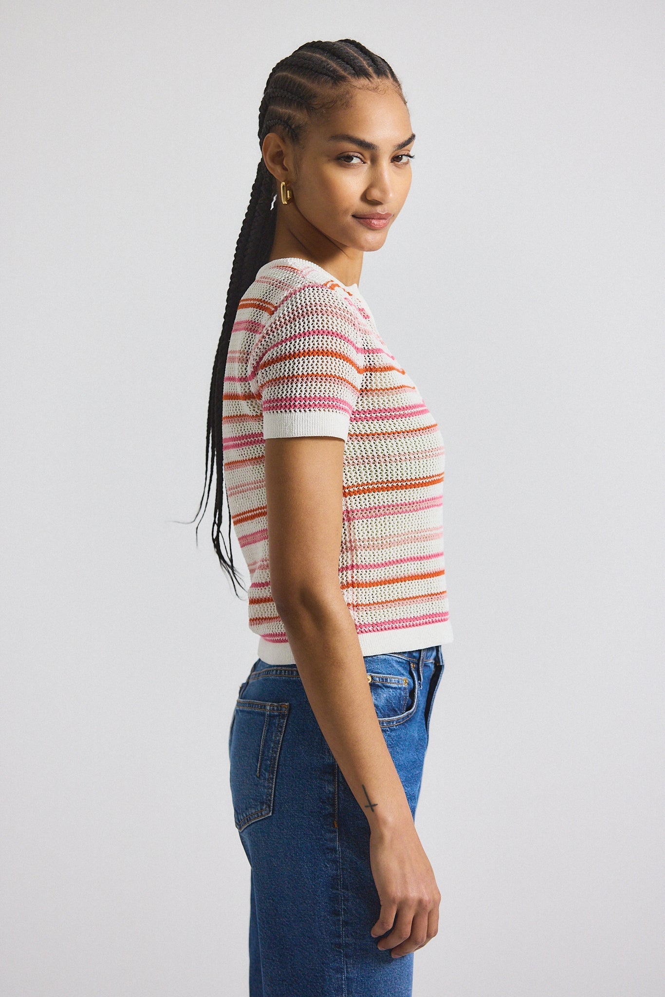 Andy Corded Mesh Split Neck Short Sleeve Sweater - Rose-White