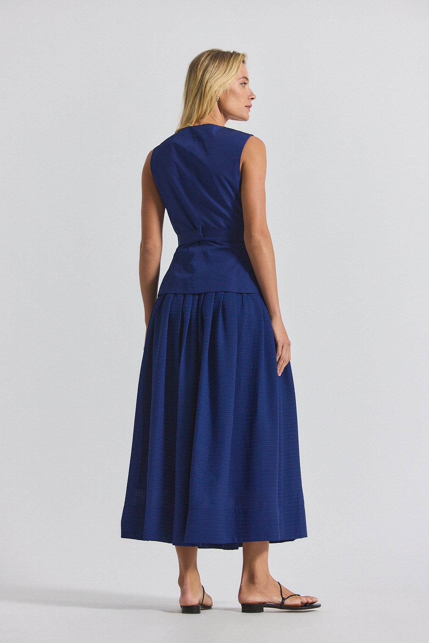 Annika Mixed Media Mini Grid Georgette Dress - Sailor Navy