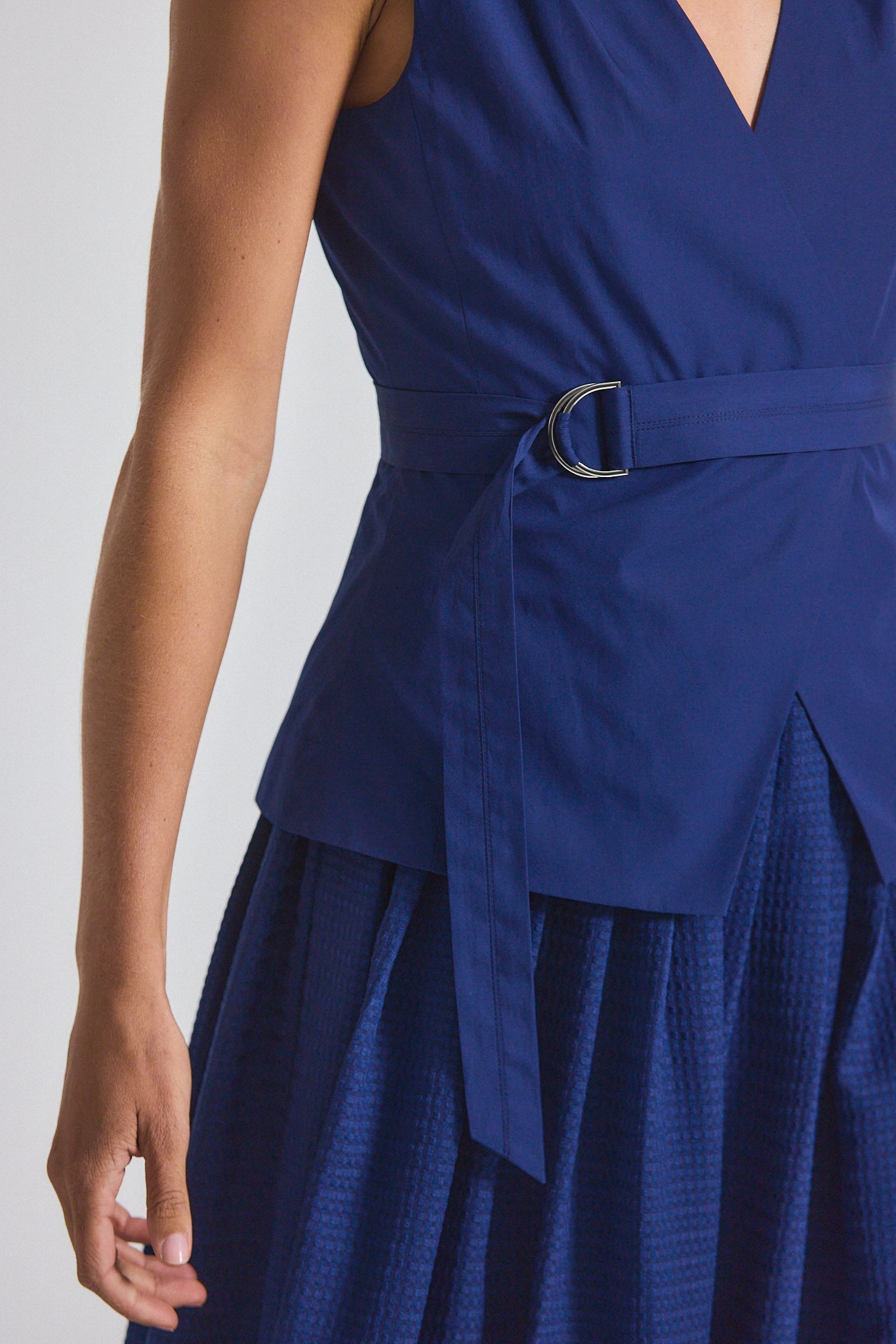Annika Mixed Media Mini Grid Georgette Dress - Sailor Navy