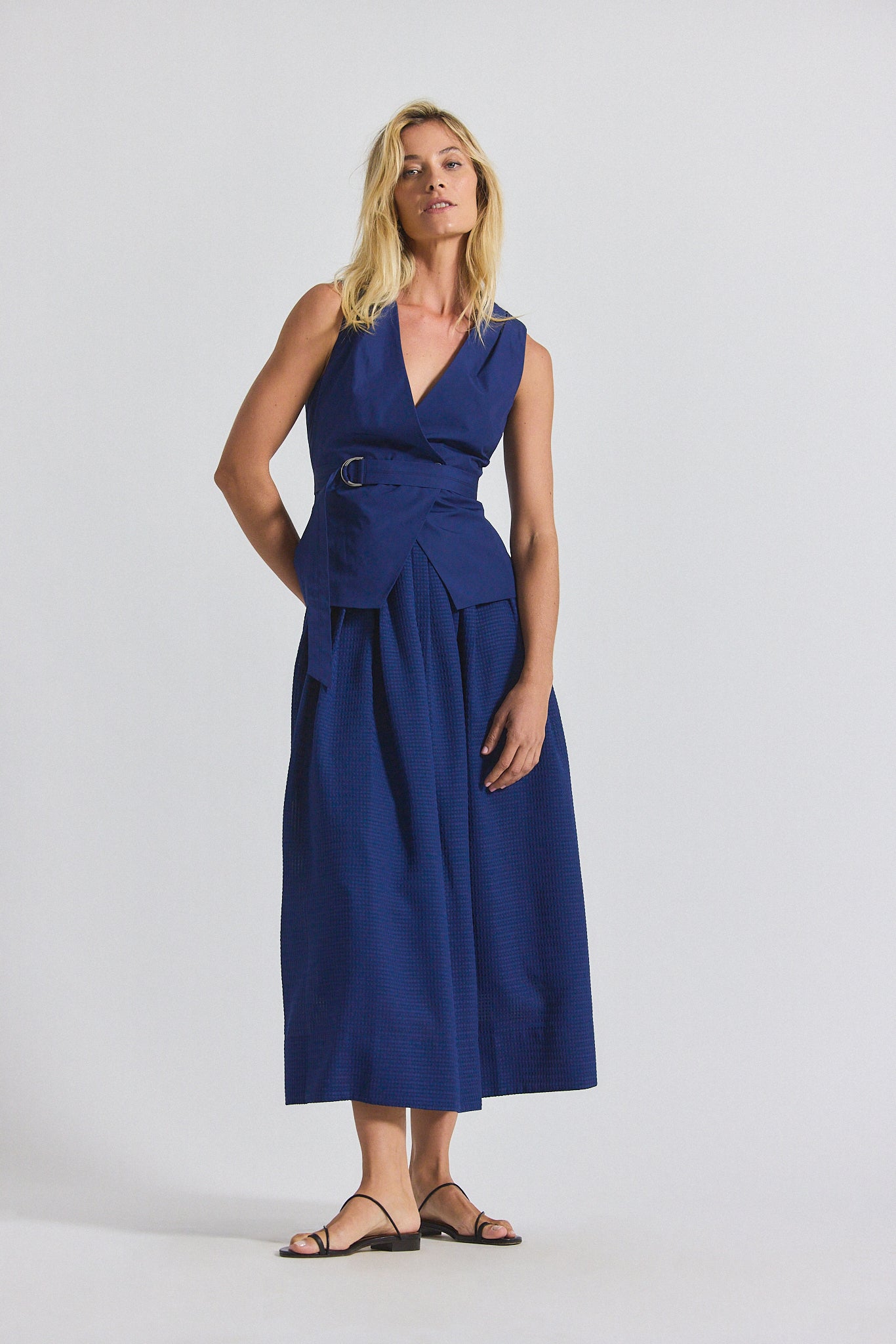 Annika Mixed Media Mini Grid Georgette Dress - Sailor Navy