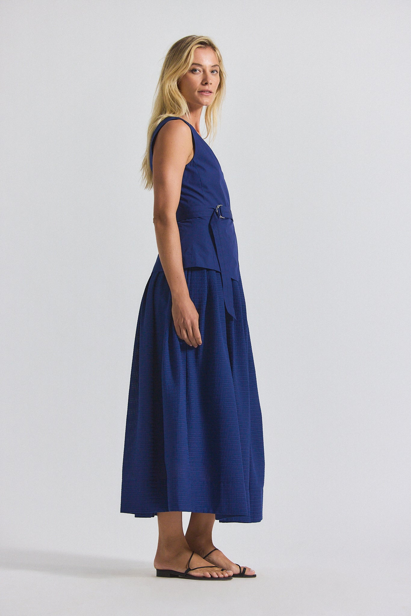 Annika Mixed Media Mini Grid Georgette Dress - Sailor Navy