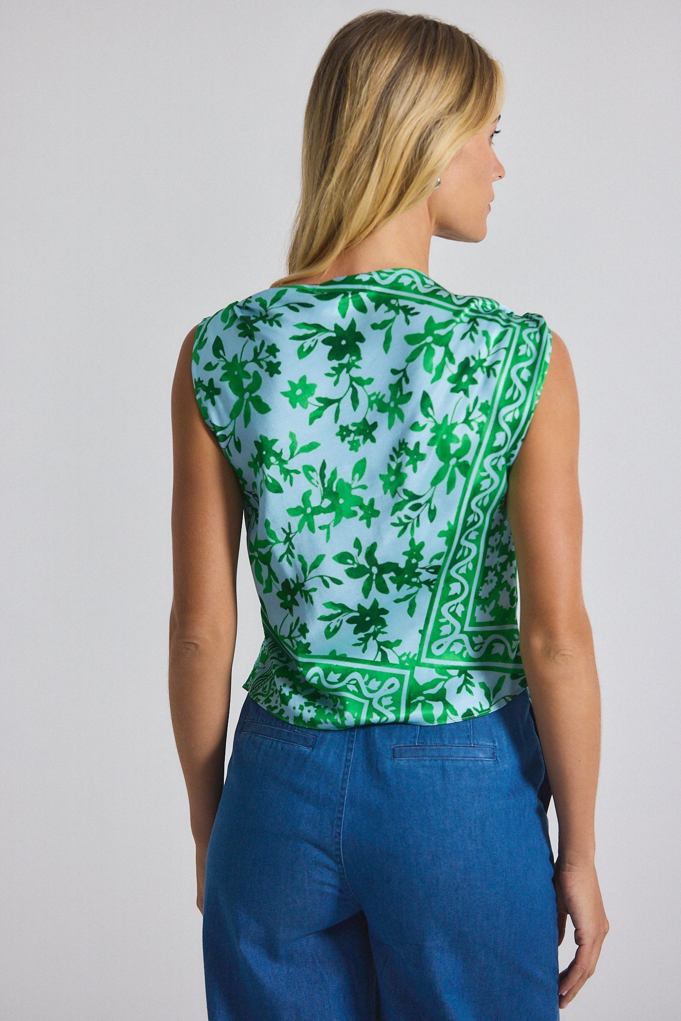 Ariel Tile Print Asymmetric Top With Embellishment - Kelly Green Multi
