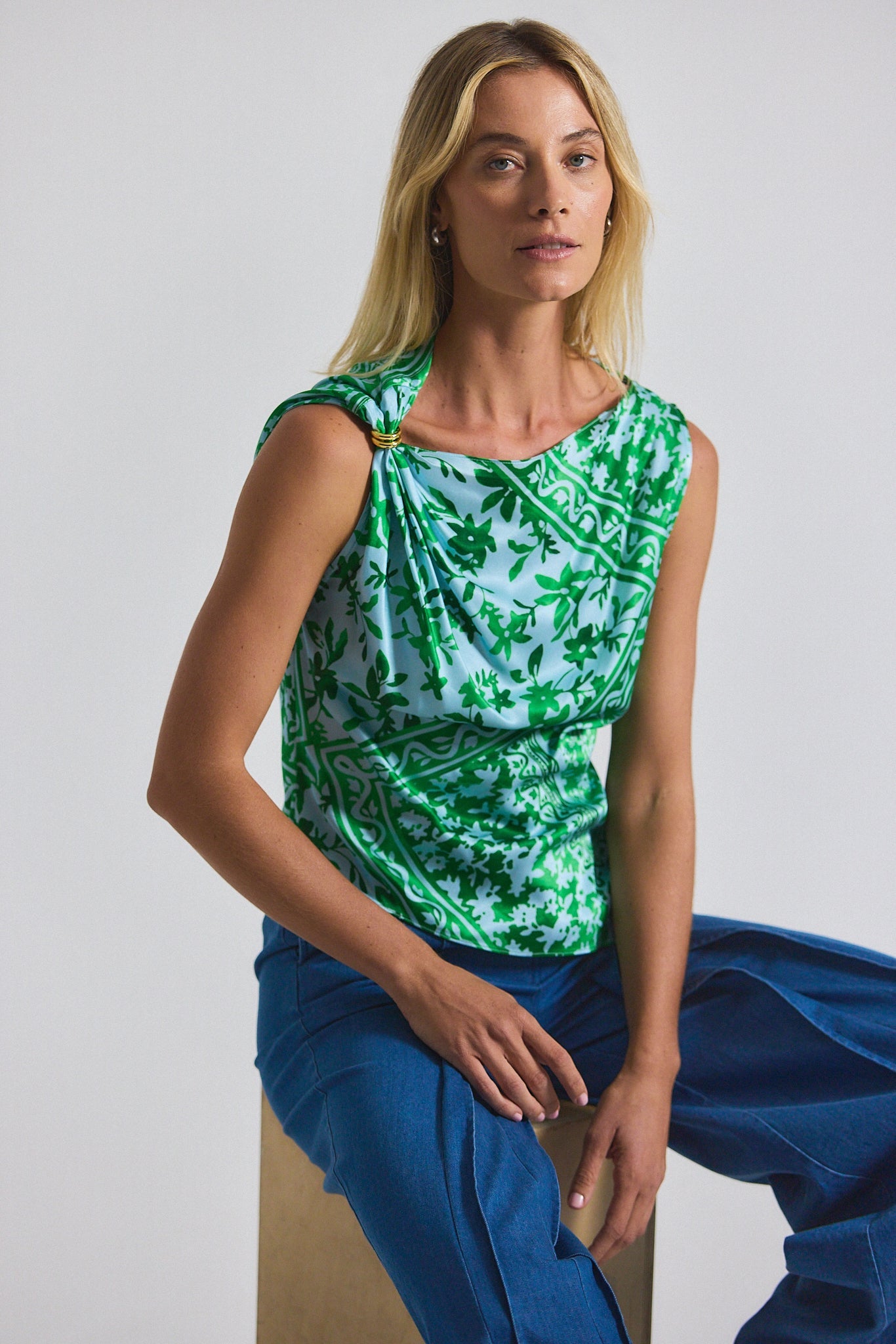 Ariel Tile Print Asymmetric Top With Embellishment - Kelly Green Multi