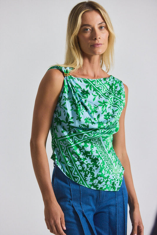 Ariel Tile Print Asymmetric Top With Embellishment - Kelly Green Multi