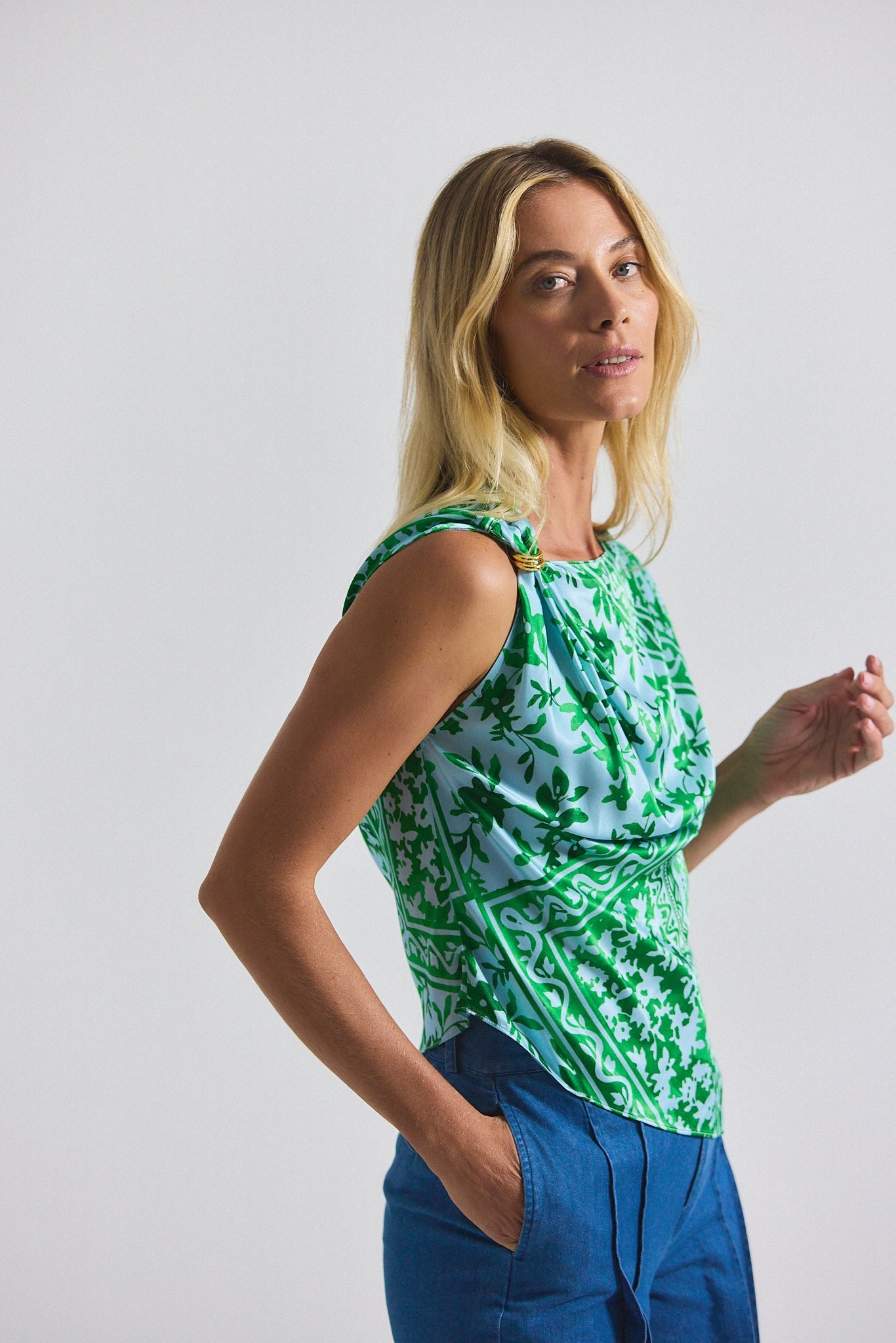 Ariel Tile Print Asymmetric Top With Embellishment - Kelly Green Multi