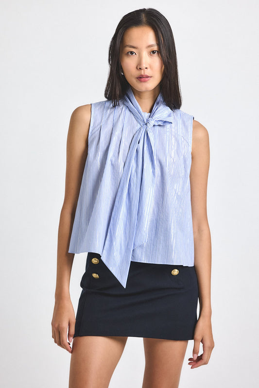 Aviana Lurex Stripe Voile Tie Neck Sleeveless Top - Blue Multi