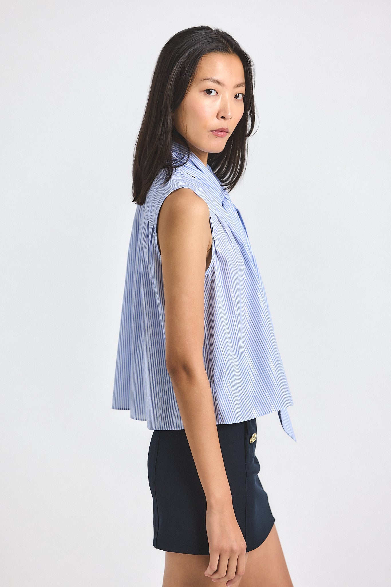 Aviana Lurex Stripe Voile Tie Neck Sleeveless Top - Blue Multi