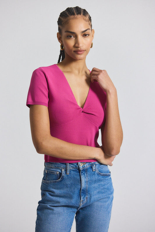 Belle Viscose Compact Knit Twist Front Sweater - Raspberry