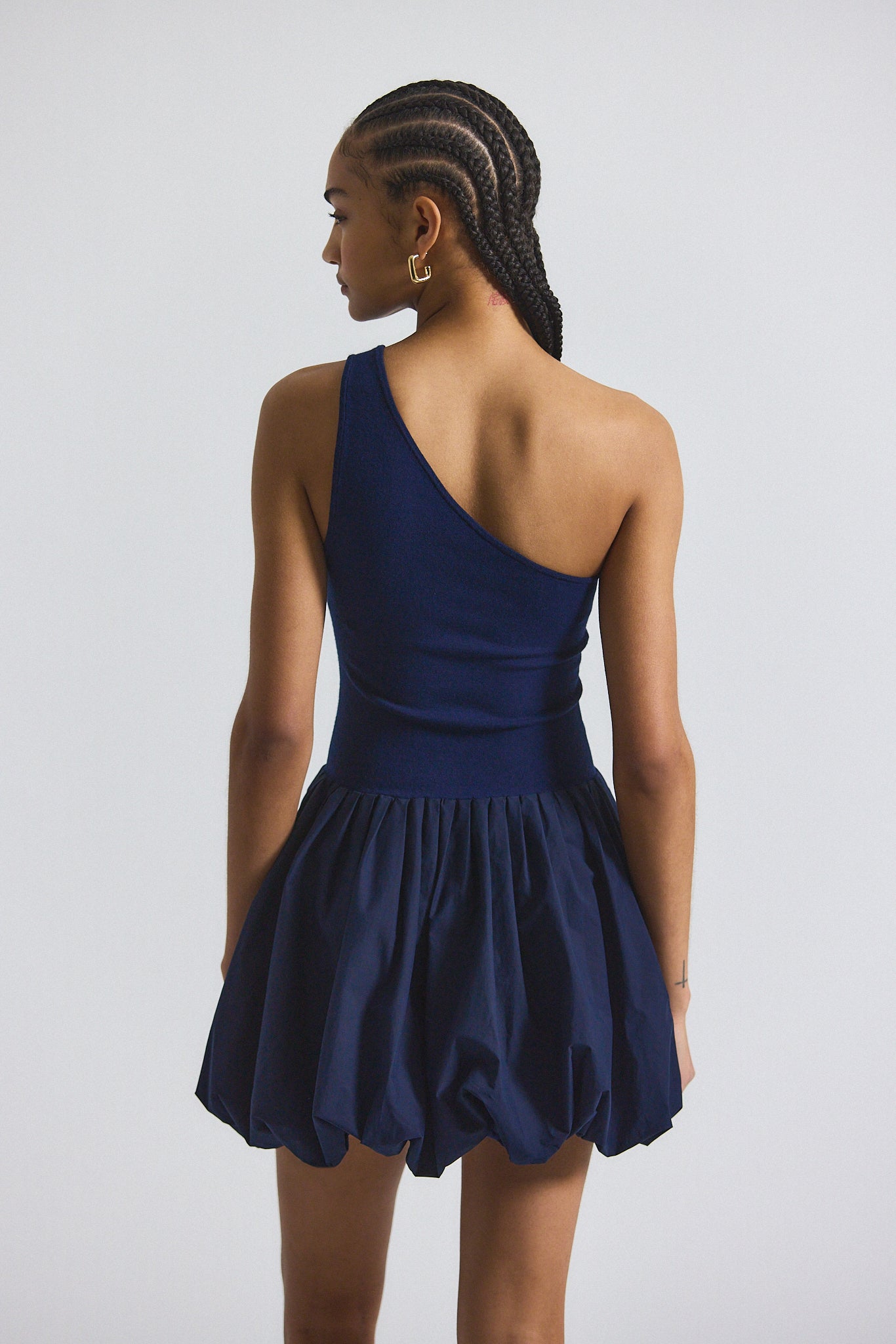Calla Mixed Media Compact Knit Balloon Dress - Navy