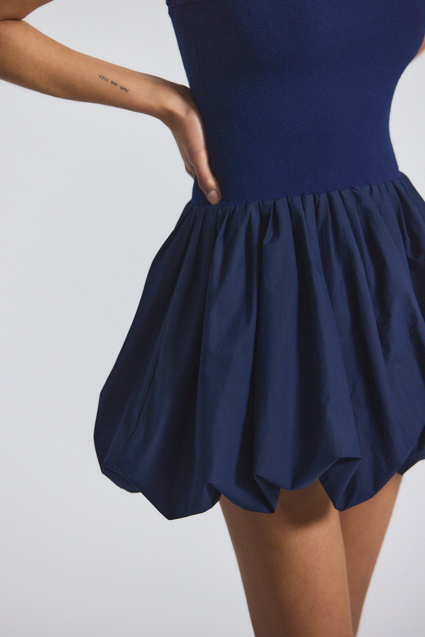 Calla Mixed Media Compact Knit Balloon Dress - Navy