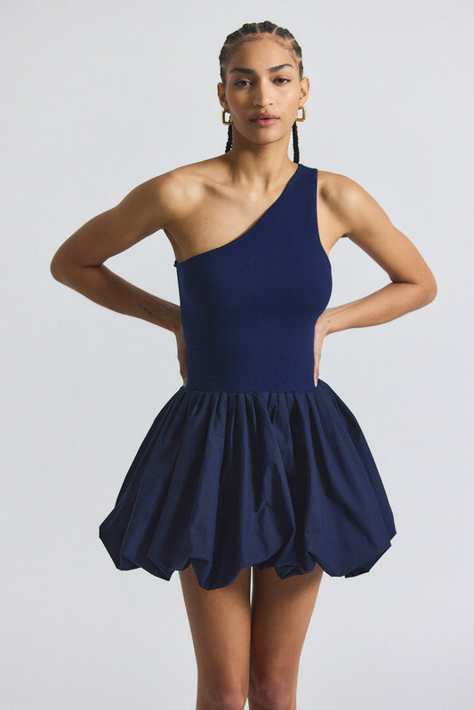Calla Mixed Media Compact Knit Balloon Dress - Navy