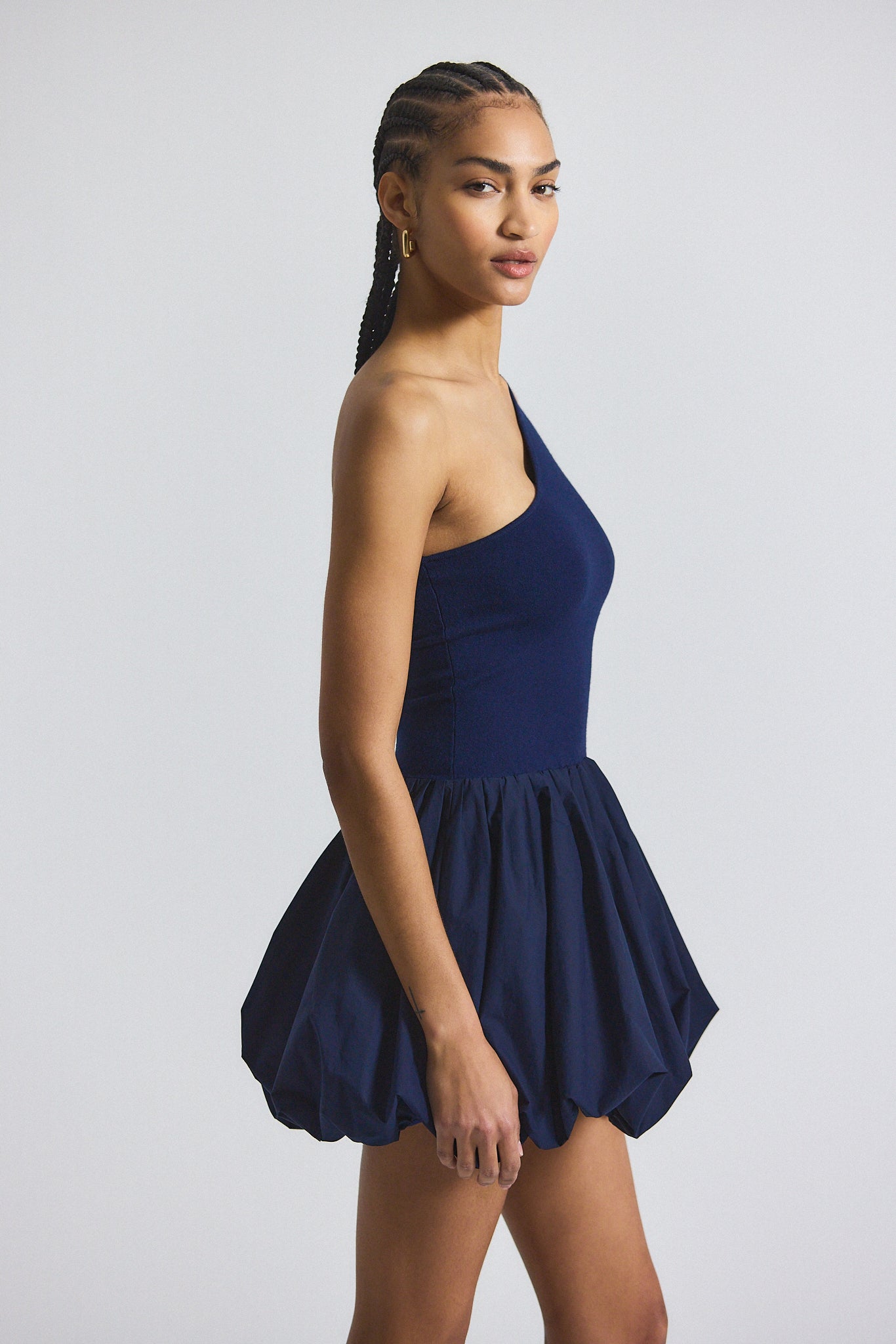 Calla Mixed Media Compact Knit Balloon Dress - Navy