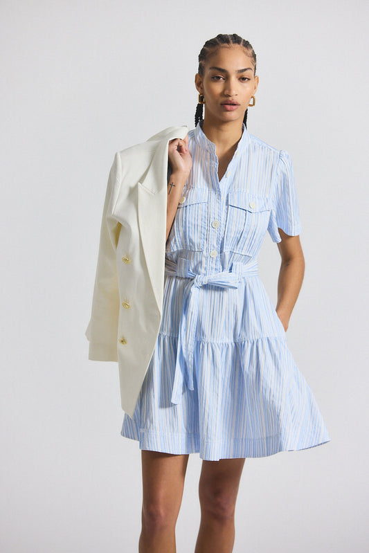 Clynton Pintuck Stripe Shirting Short Sleeve Dress - Celestine-White