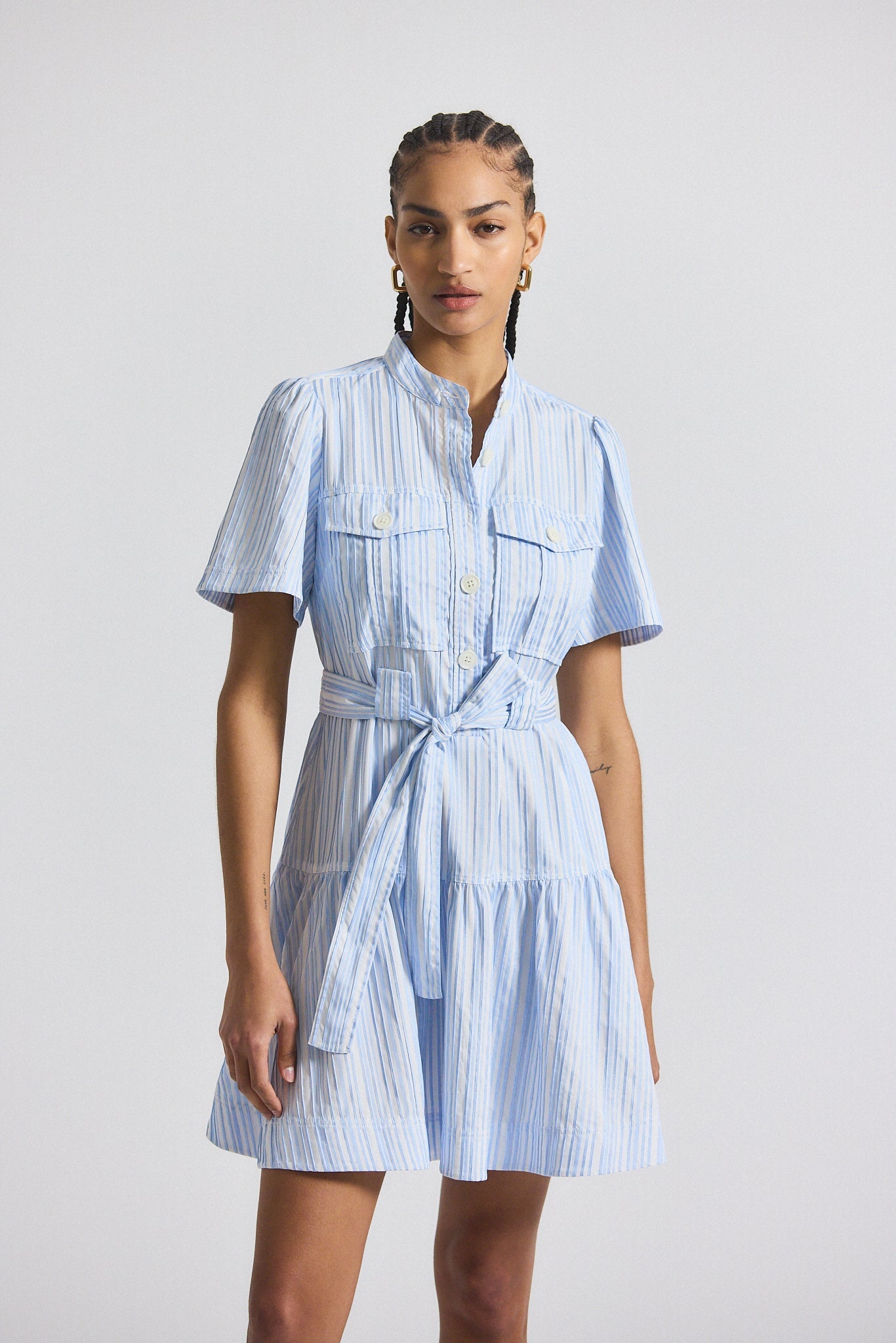 Clynton Pintuck Stripe Shirting Short Sleeve Dress - Celestine-White