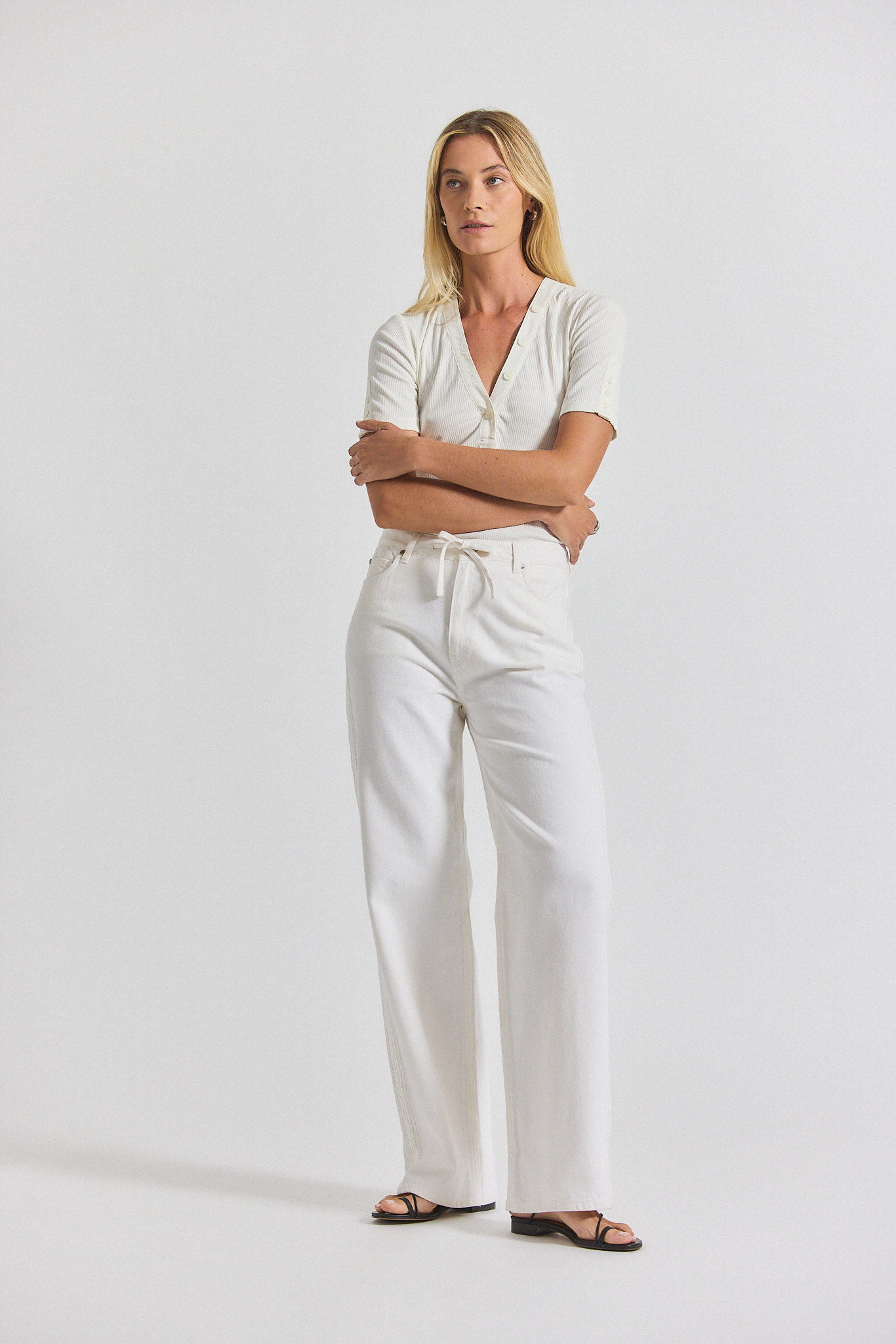 Dunn Denim Wide Leg Jean With Crochet Trim - Ecru