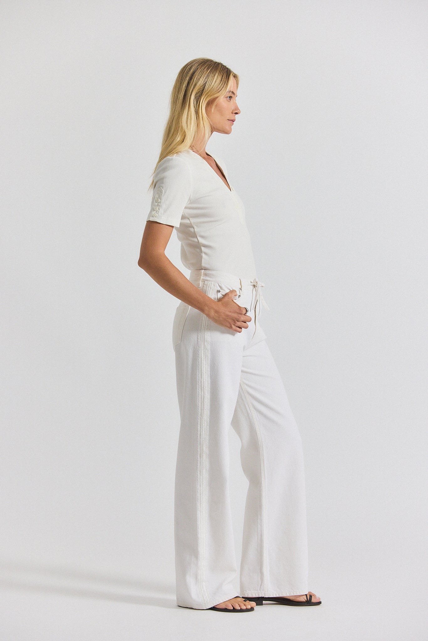 Dunn Denim Wide Leg Jean With Crochet Trim - Ecru