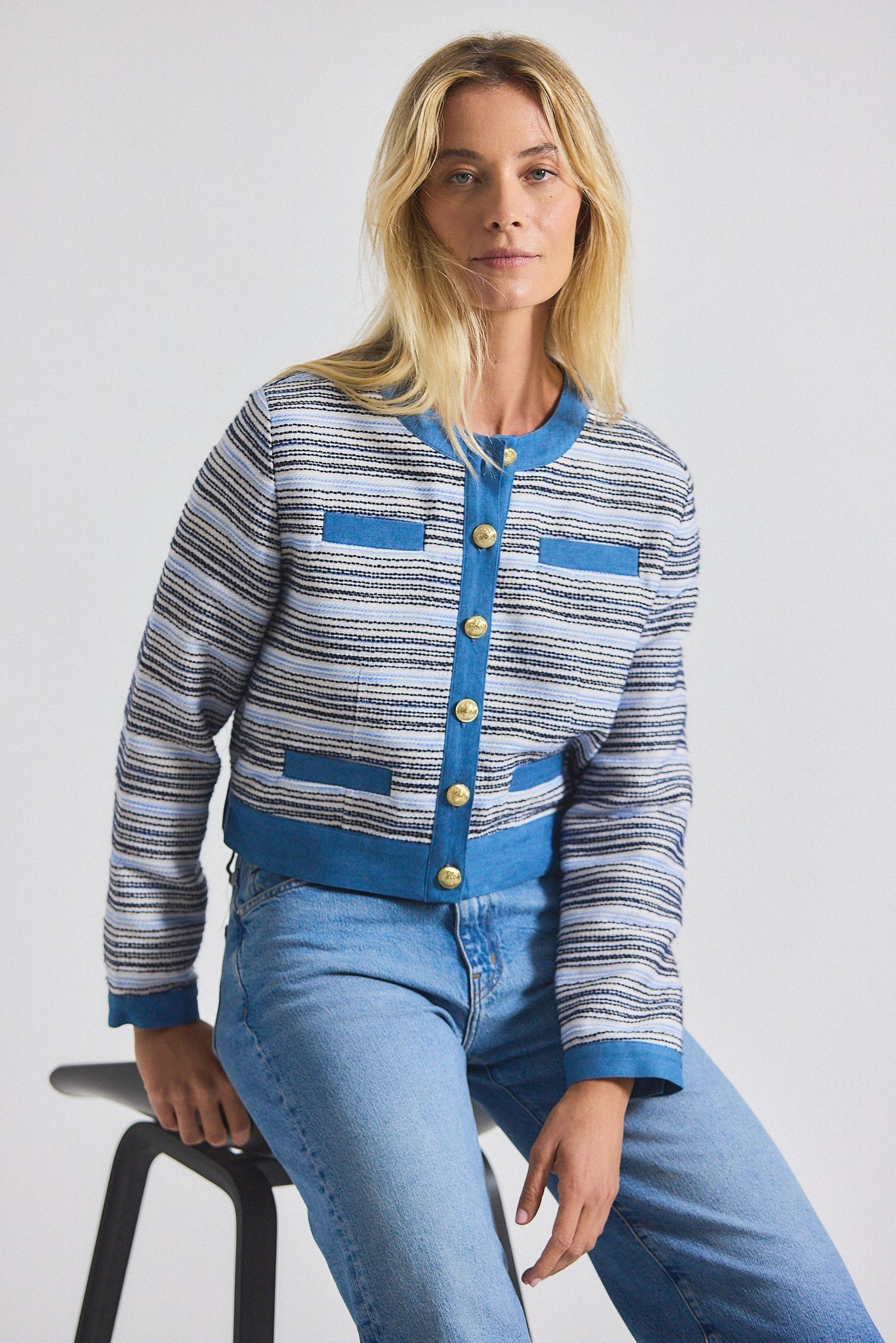 Elain Cotton Tweed Jacket With Denim Trim - Blue-White